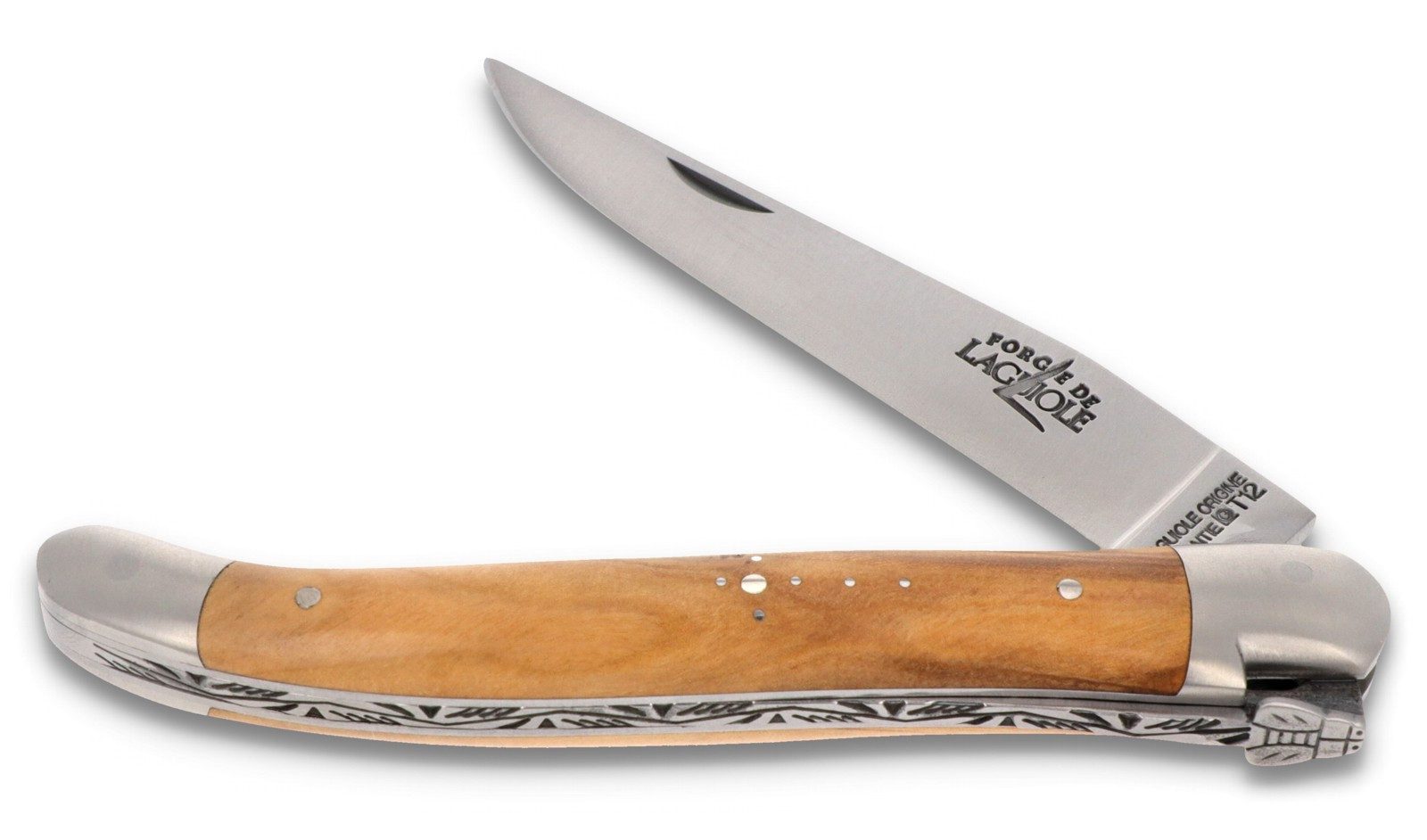 Forge de Laguiole Taschenmesser 1211 IN OL SAT, Griff 11cm Olive - Verzierte Feder - Klinge Backen Stahl satiniert