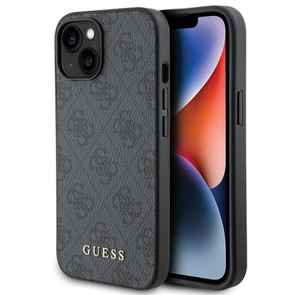 Guess Handyhülle Case iPhone 15 Kunstleder grau mit goldfarbenen Logo 6,1 Zoll, Kantenschutz
