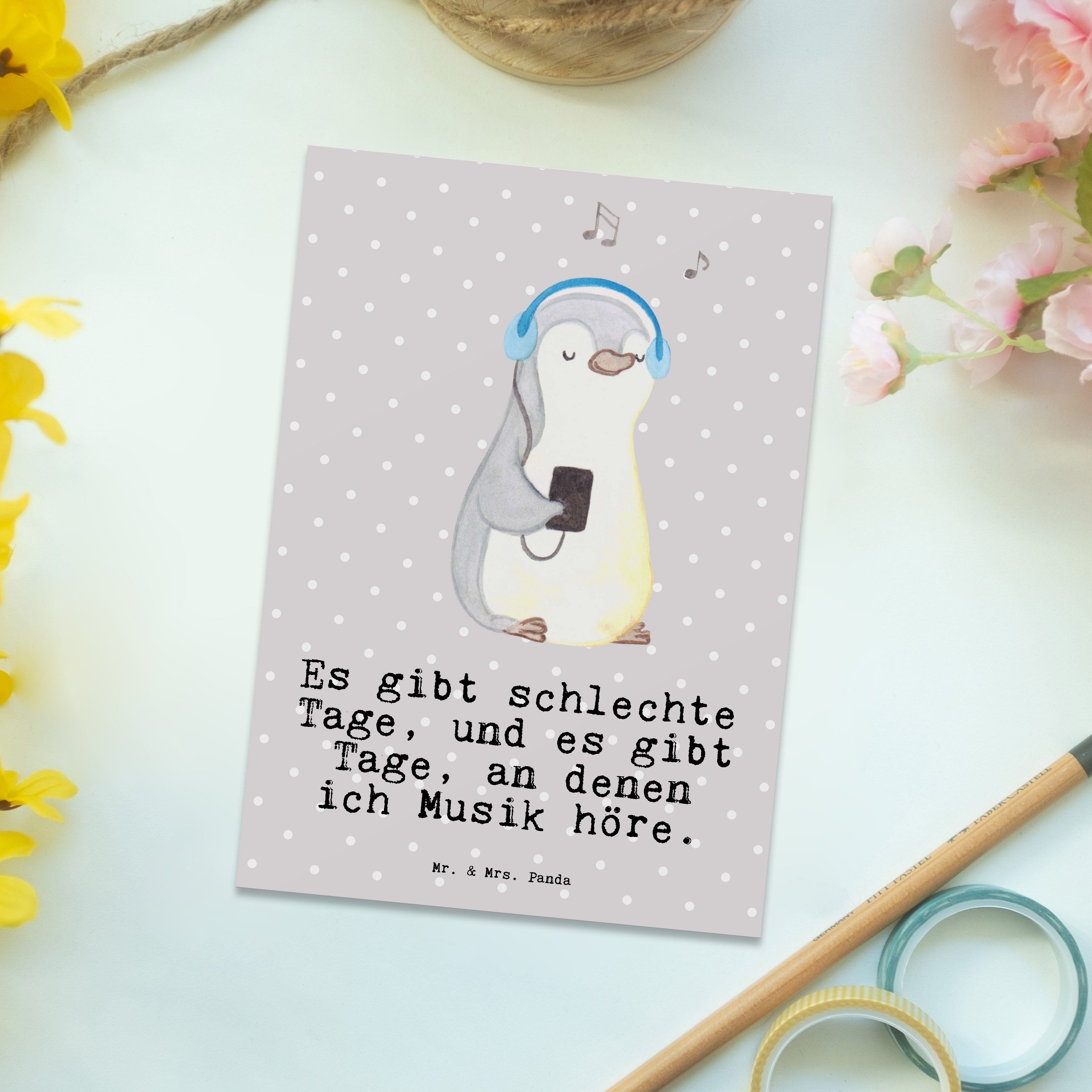 Postkarte Ansi Geschenk, Musik Grau hören - Mrs. Pastell Panda - Pinguin Dankeskarte, & Mr. Tage