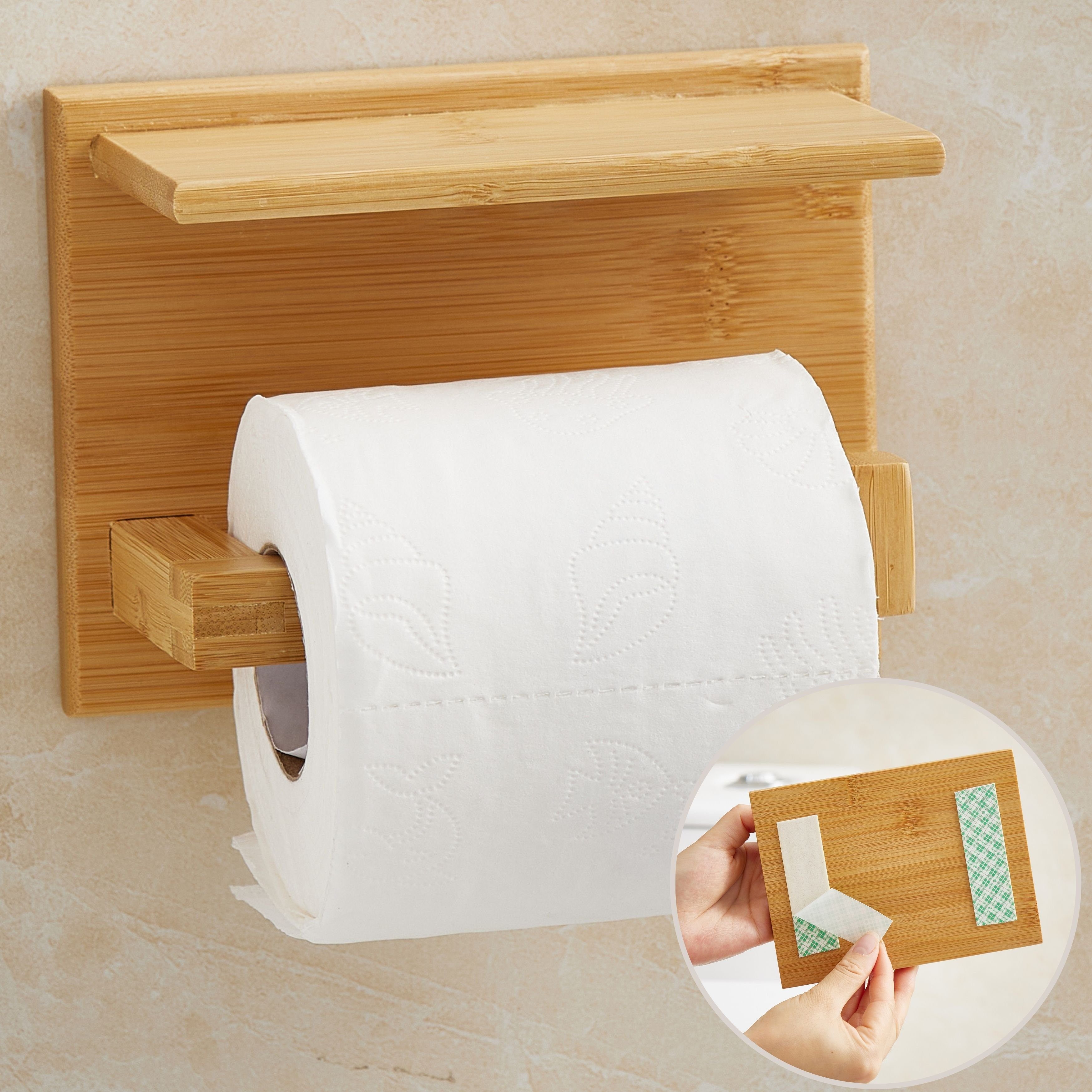DEKAZIA Toilettenpapierhalter, Ablage, mit WC Holz, Klopapierhalter ohne Bohren, Rollenhalter