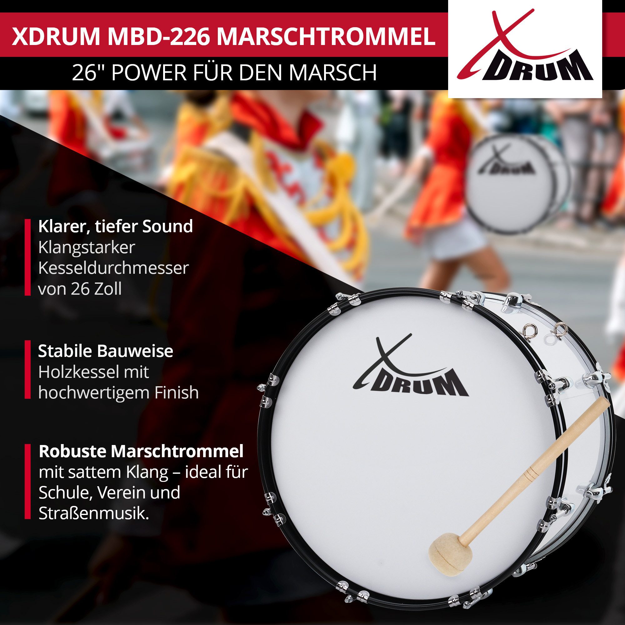 XDrum Handtrommel MBD-226 Marsch Bass Trommel, Fußball Pauke 26" - inkl. Schlägel & Tragegurte