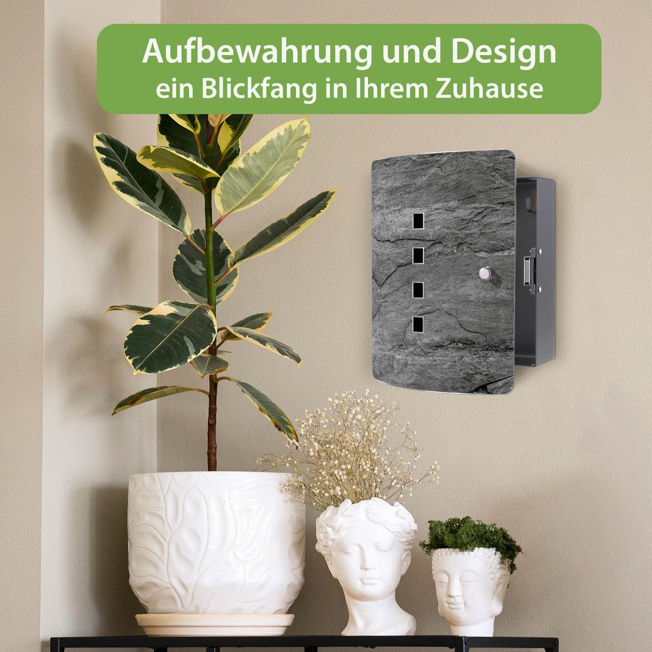 banjado Schlüsselkasten Edelstahl mit Motiv Schiefer Platte 1 (verstellbarer Magnetverschluss, mit 10 Haken, gebogene Tür, einstellbarer Magnet), 24 x 21,5 x 7 cm