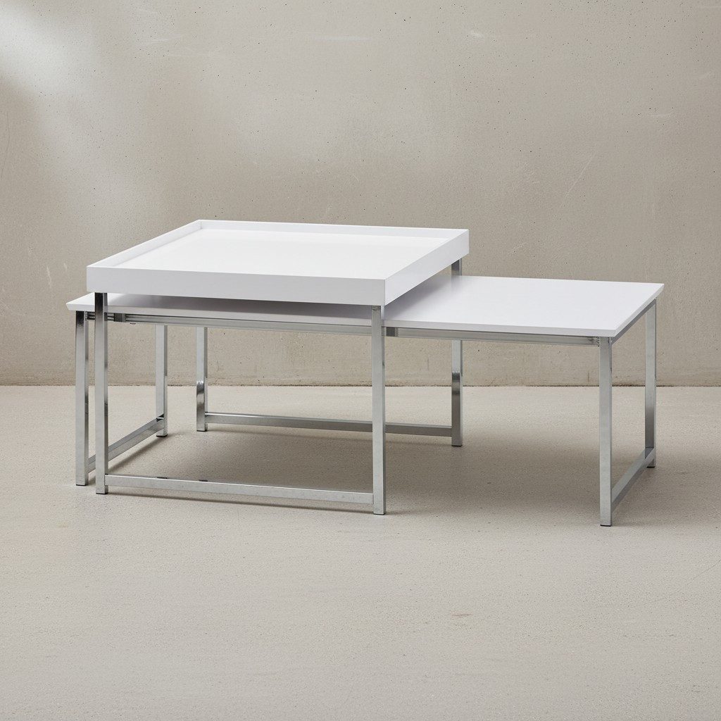 KADIMA DESIGN Satztisch Couchtisch 2er Set Holz / Metall Sofatisch Eckig Weiß Modern, Beistelltisch 2-teilig, Design Wohnzimmertische, Holztisch Satztische