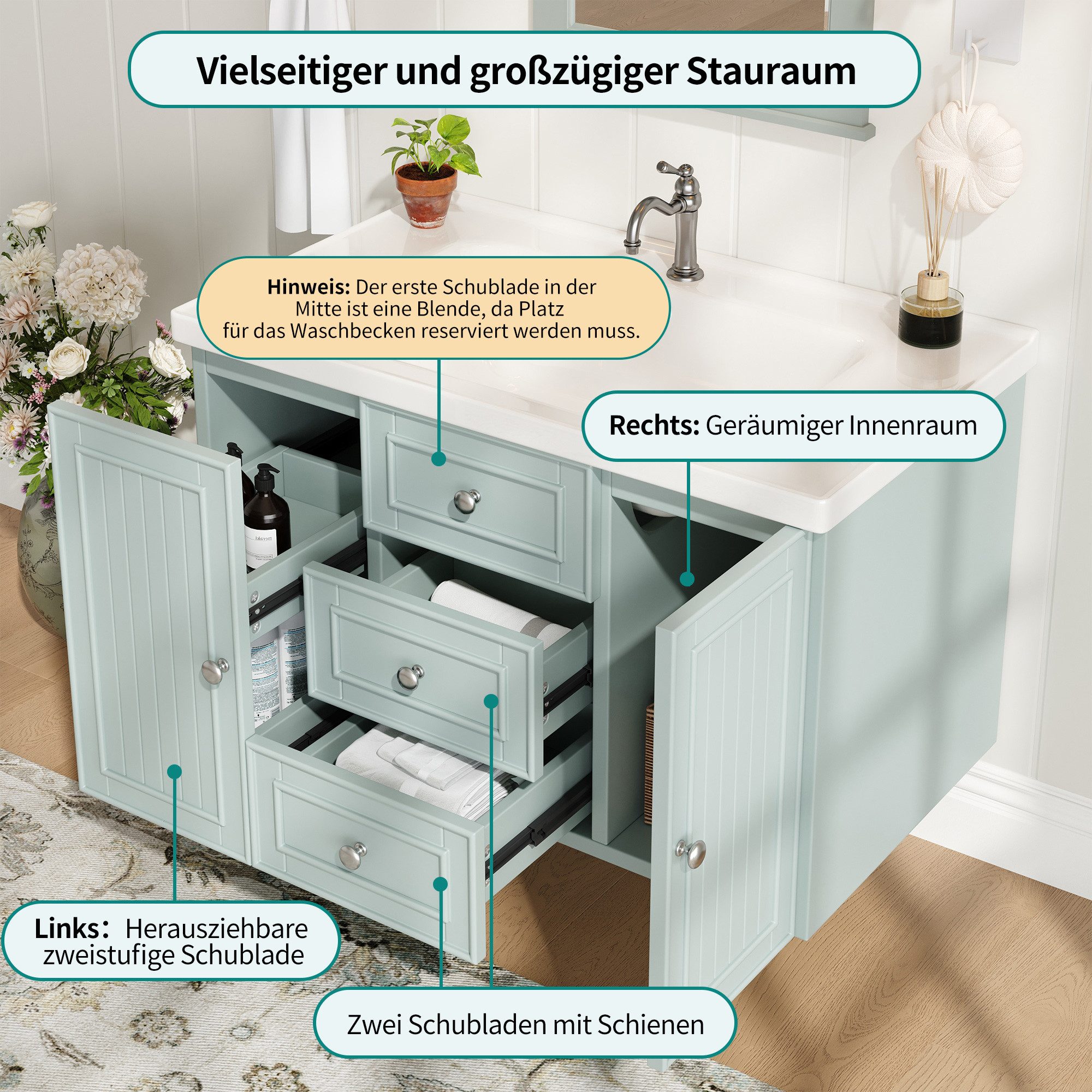 Celya Waschbeckenunterschrank Waschtischunterschrank mit Schubladen und Türen Badezimmerschrank (Mit Keramik-Waschbecken) wandhängend,Viel Stauraum,Wasserdichte – Bild 5 von 5
