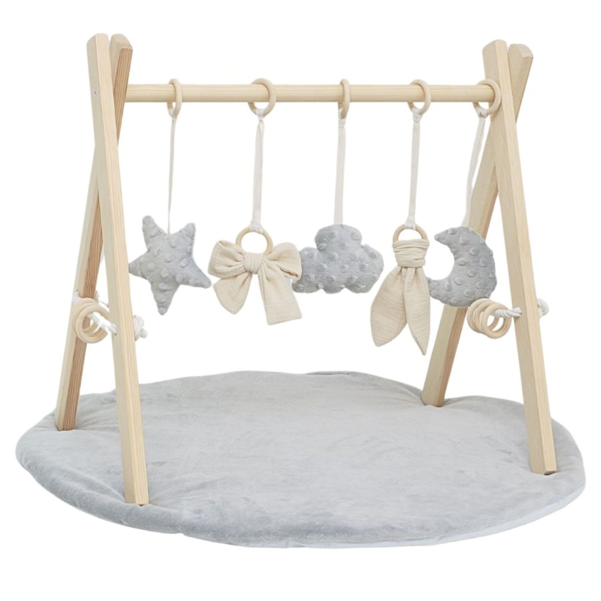 LuMali Baby Gym Holz Spielbogen klappbar 5 Spielzeuge Matte 41x58x49cm Naturholz, (5 sensorische Anhänger 2 Baumwollschnüre Montageset), Spieltrapez Neugeborene sensorisch Spielmatte 78cm wendbar ab Geburt