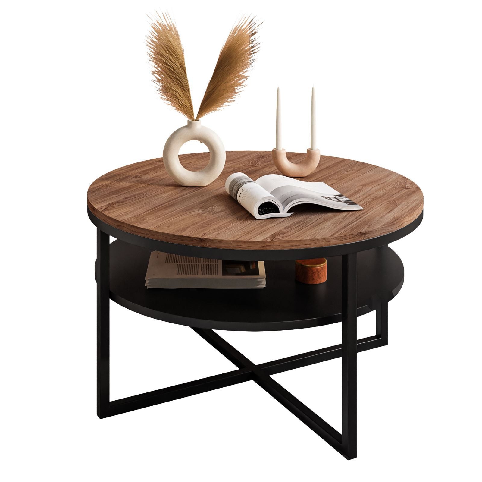 yourhouse24 Couchtisch Rund 70 cm INEZ-X mit Ablage – Industrial Design, Metallgestell, Eiche