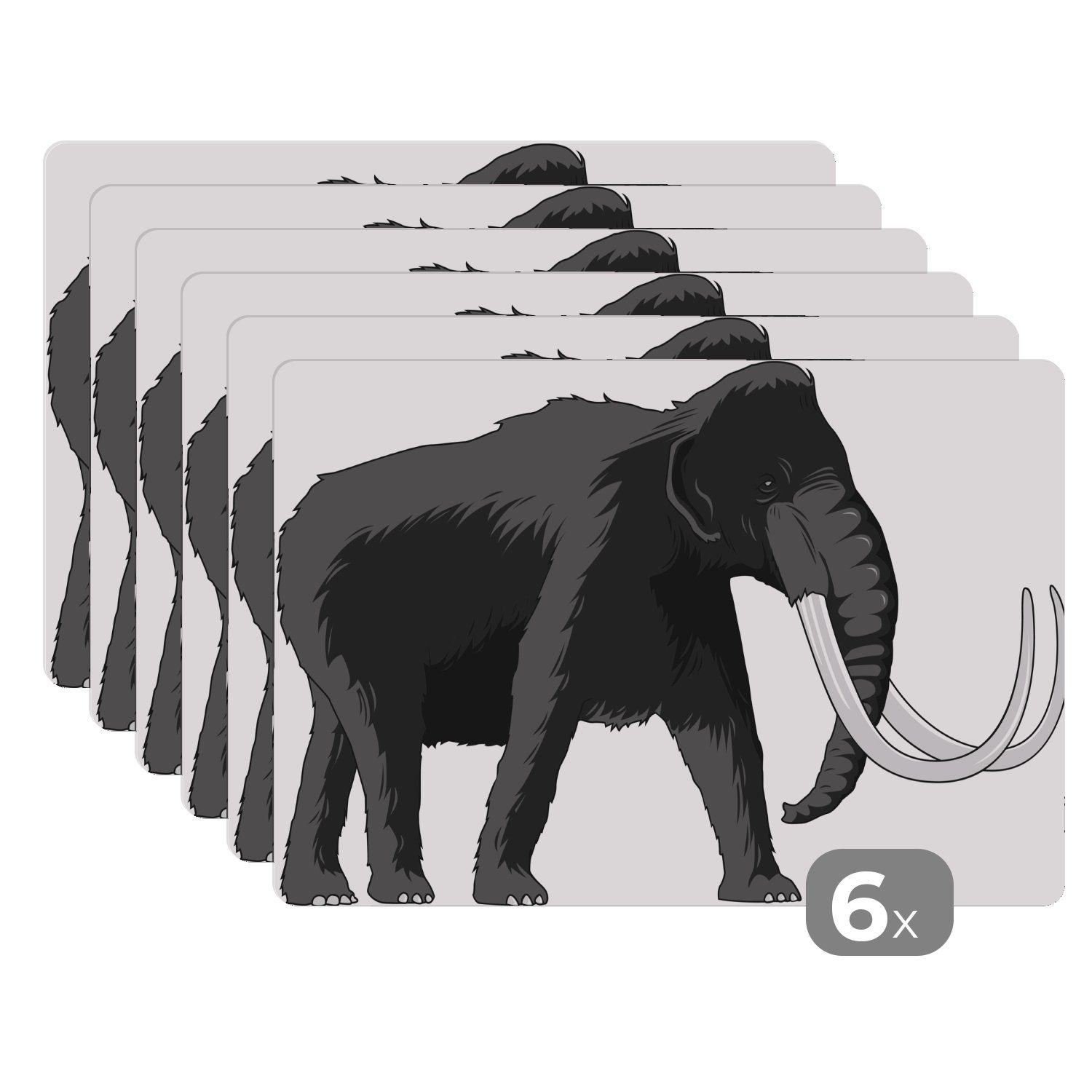 Platzset, Illustration eines Mammuts - schwarz und weiß, MuchoWow, (6-St), Platzset, Platzdecken, Platzmatte, Tischmatten, Schmutzabweisend