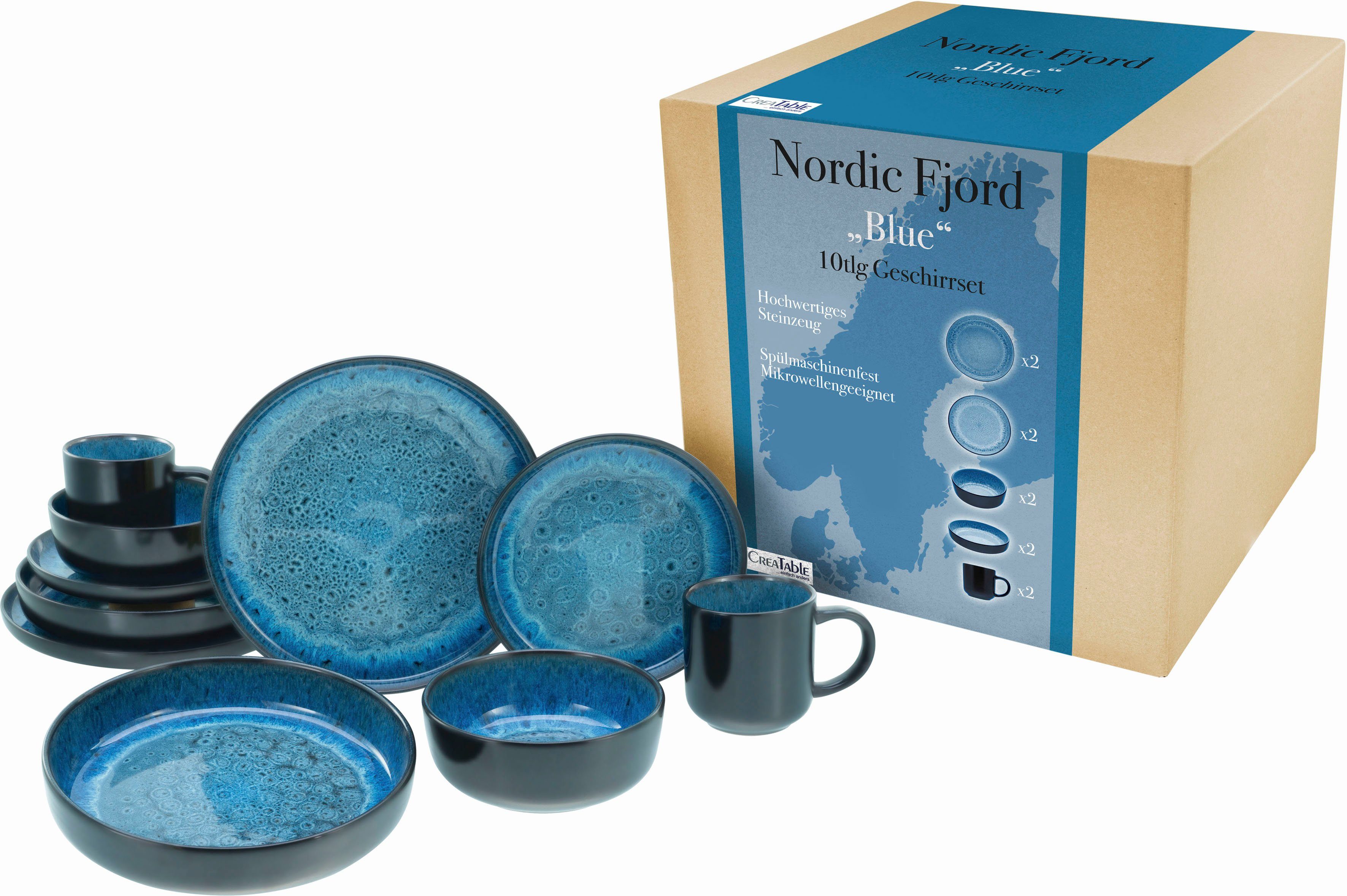 Steinzeug, 2 CreaTable Dessertteller, (10-tlg), Kombiservice Fjord Nordic Personen, Speiseteller, 2 Suppenteller, Kaffeebecher Schalen, je