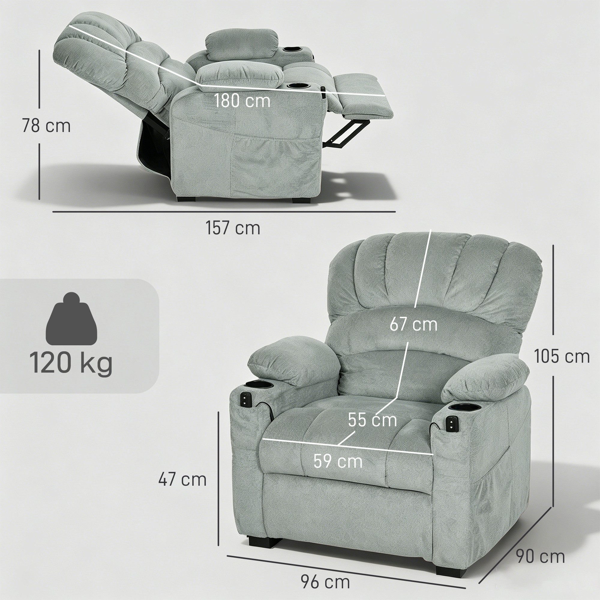 HOMCOM Relaxsessel Elektrischer Fernsehsessel TV Sessel mit Liegefunktion (Set, 1-St., 1), 2 Memory-Positionen, USB, leiser Motor