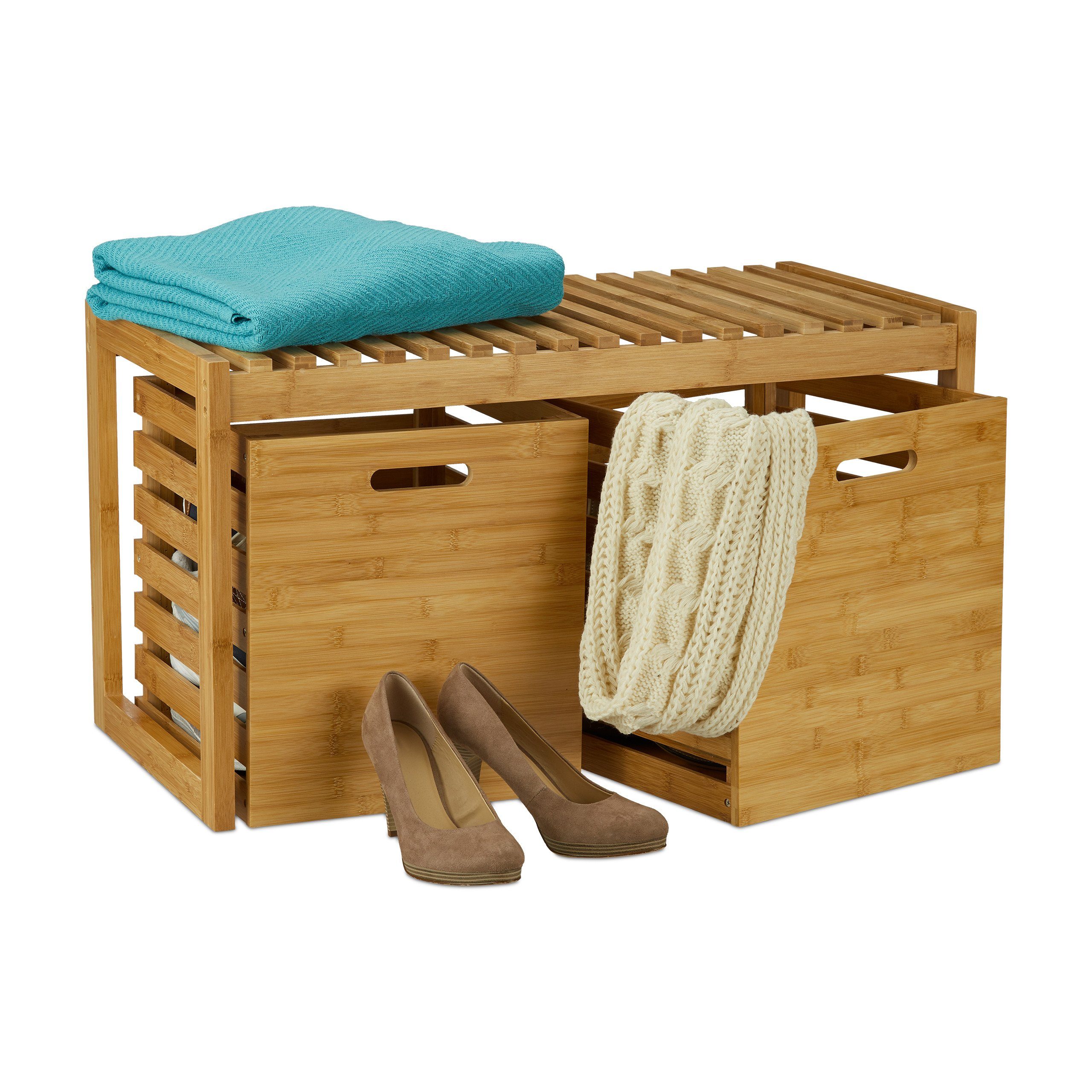 relaxdays Sitzbank mit Stauraum Bambus (3-St)