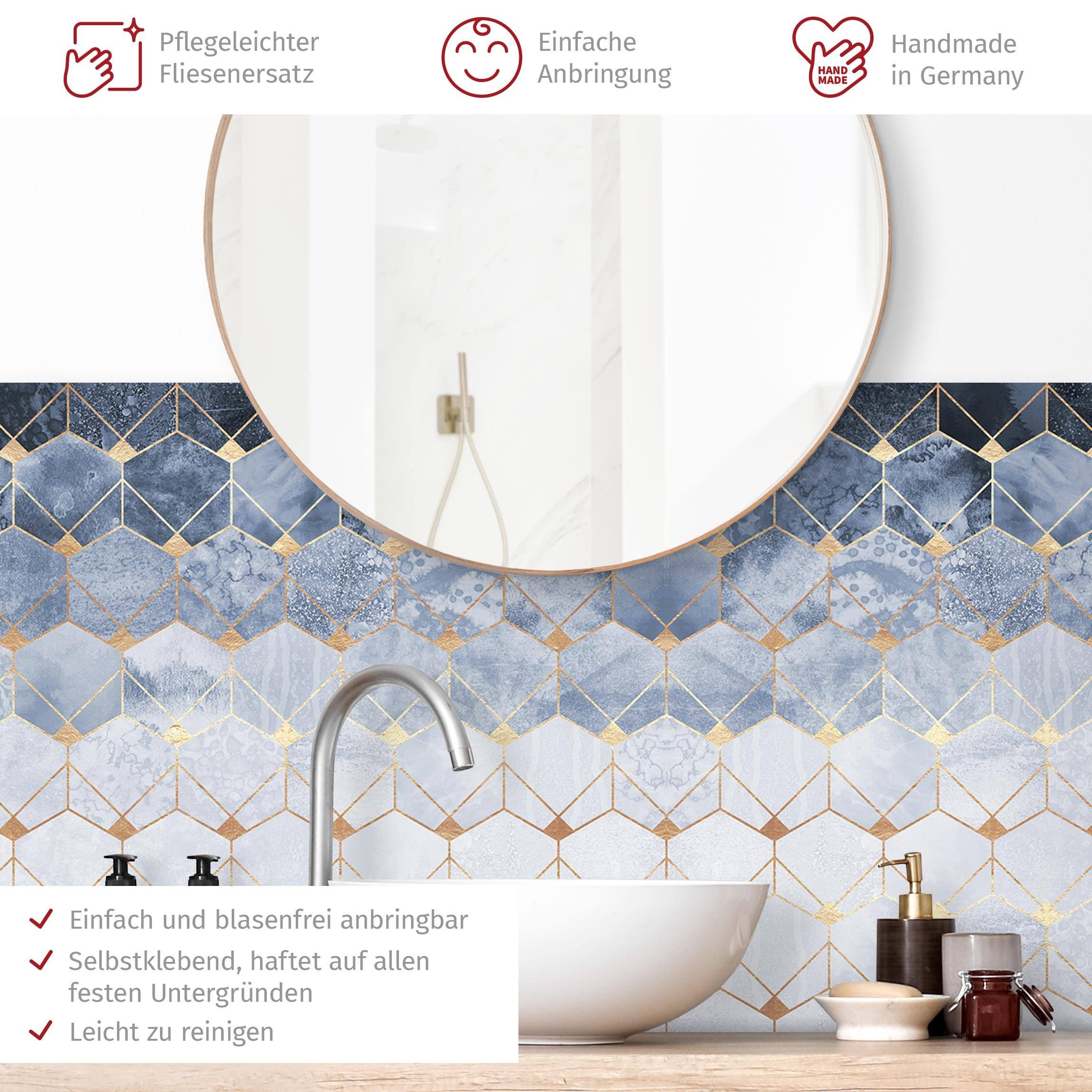 Bilderdepot24 Badrückwand gold fugenlose Wandverkleidung Bad Abstrakt, (Hartfolie matt » Selbstklebend SMART 0,35 mm), wasserfestes Wandpaneel Blaue Geometrie goldenes Art Deco II