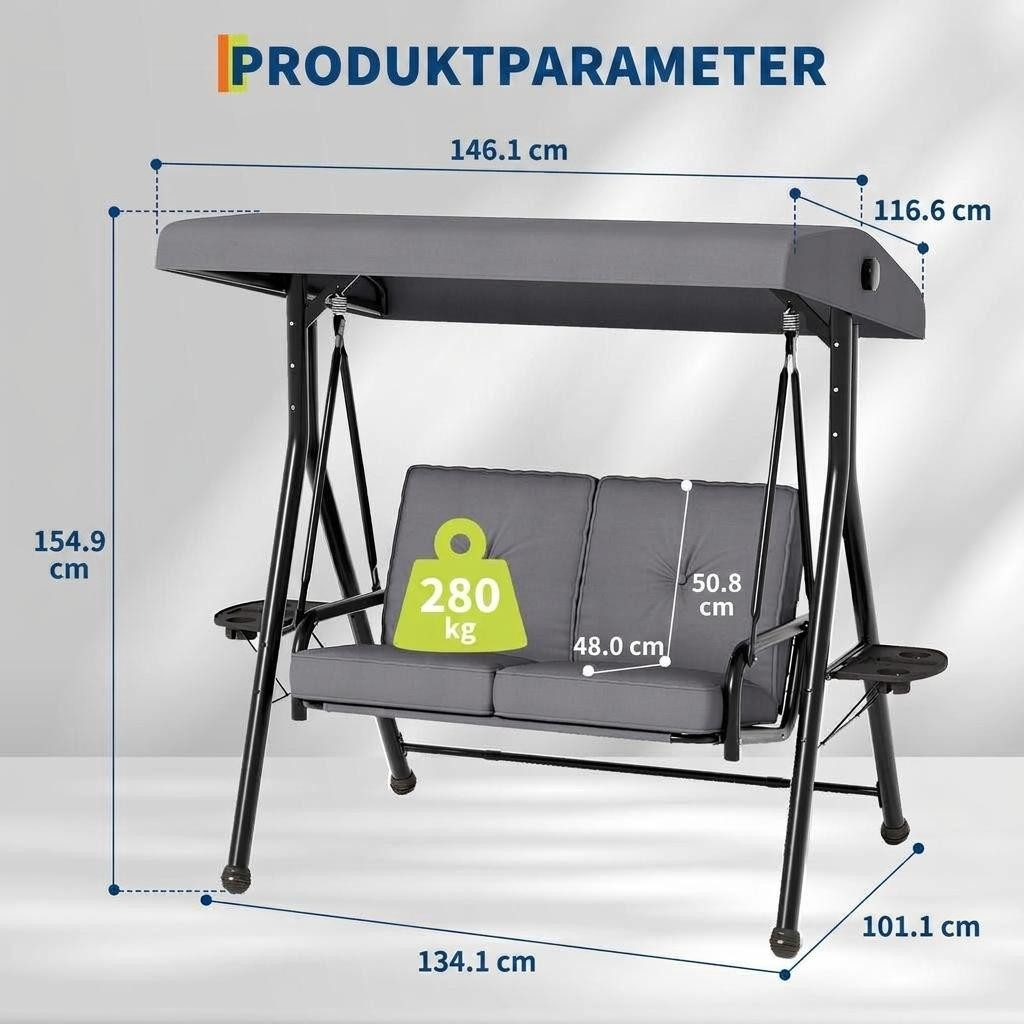 GarveeMore Hollywoodschaukel 2-Sitzer mit Sonnendach und Getränkehaltern Gartenschaukel bis 280kg – Bild 2 von 5