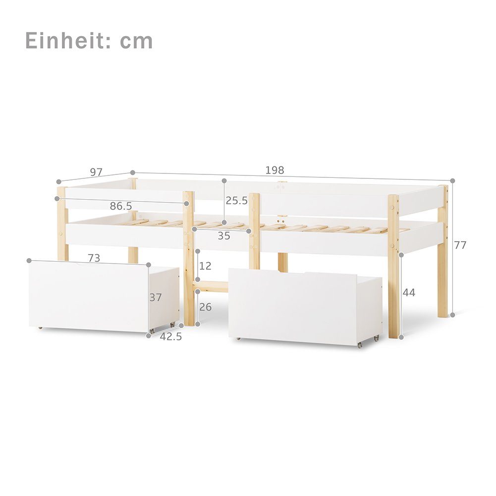 Hochbett (Kinderbett, 1-St) mit Schubladen, Lattenrost und Rausfallschutz, 90*190 cm / 90*200 cm