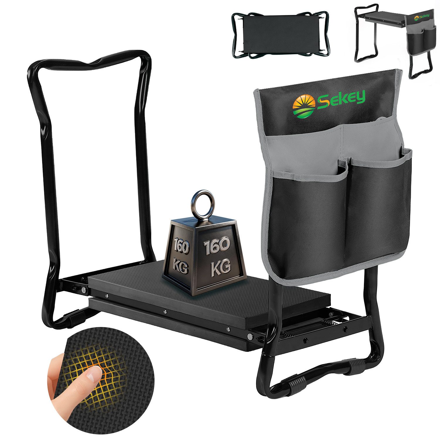 Sekey Kniebank 2 in 1 XXL Kniebank für Gartenarbeit Gepolstert Gartenhocker Klappbar, 2 in 1 Höhenverstellbar Gartenbank mit Werkzeugtasche 60 x 49 x 27,5cm