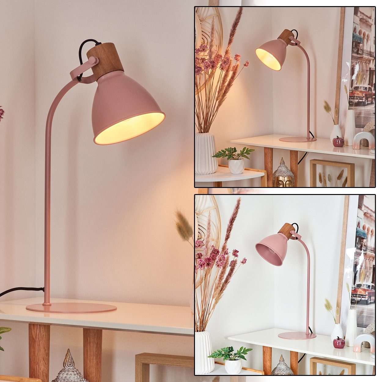 hofstein Tischleuchte moderne Tischlampe aus Metall/Holz in  Rosa/Pink/Natur, ohne Leuchtmittel, verstellbare Leseleuchte, Schirm  (15cm), Schalter, 1x E27