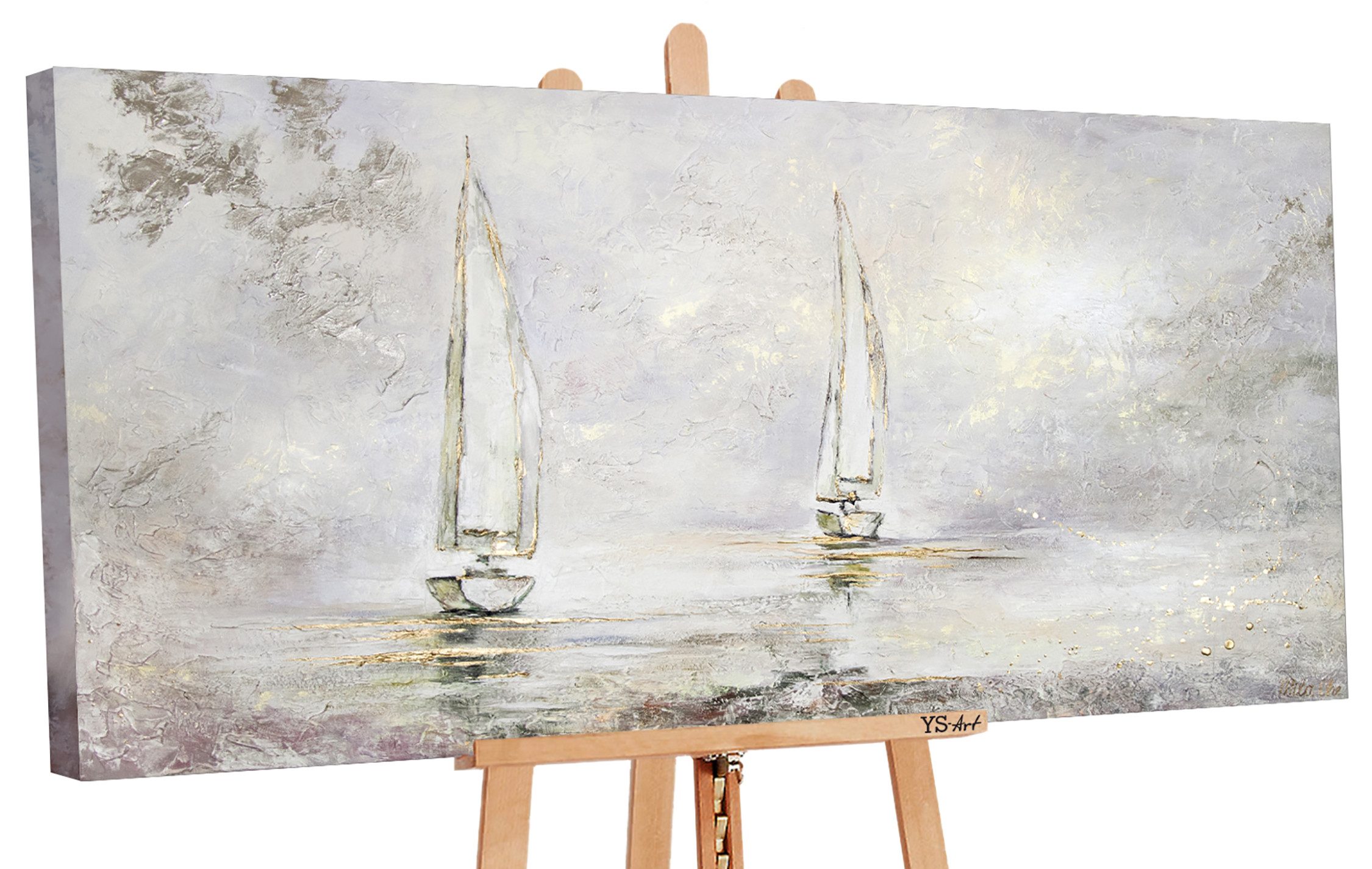 YS-Art Gemälde Morgendämmerung, Landschaft, Segelboote Hell Gold Meer Wasser Strand. € 99,90