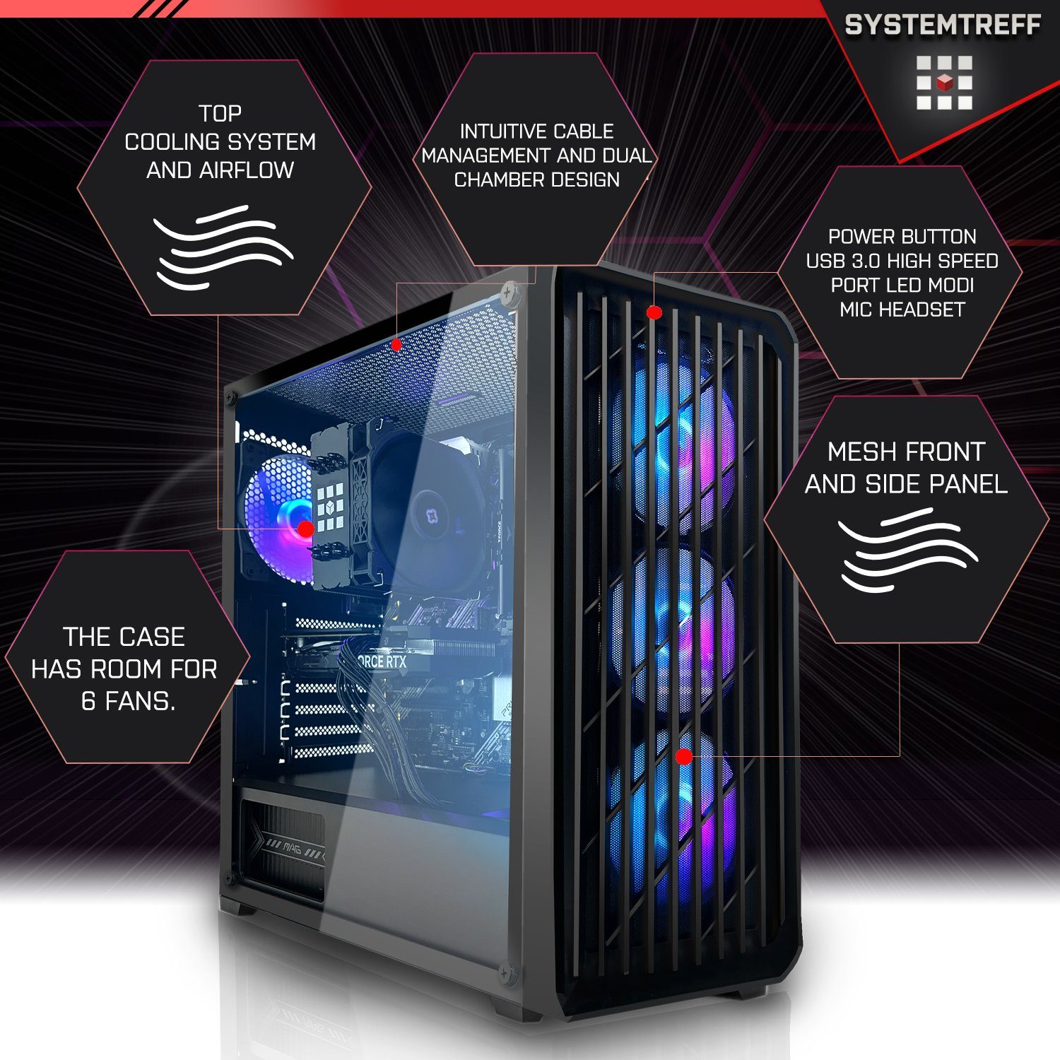 SYSTEMTREFF Gaming-PC (Intel Core i5 12400F, GeForce RTX 3060, 16 GB RAM, 512 GB SSD, Luftkühlung, Windows 11, WLAN)