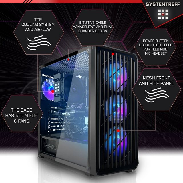 SYSTEMTREFF Gaming-PC (Intel Core i5 12400F, GeForce RTX 3050, 16 GB RAM, 512 GB SSD, Luftkühlung, Windows 11, WLAN)