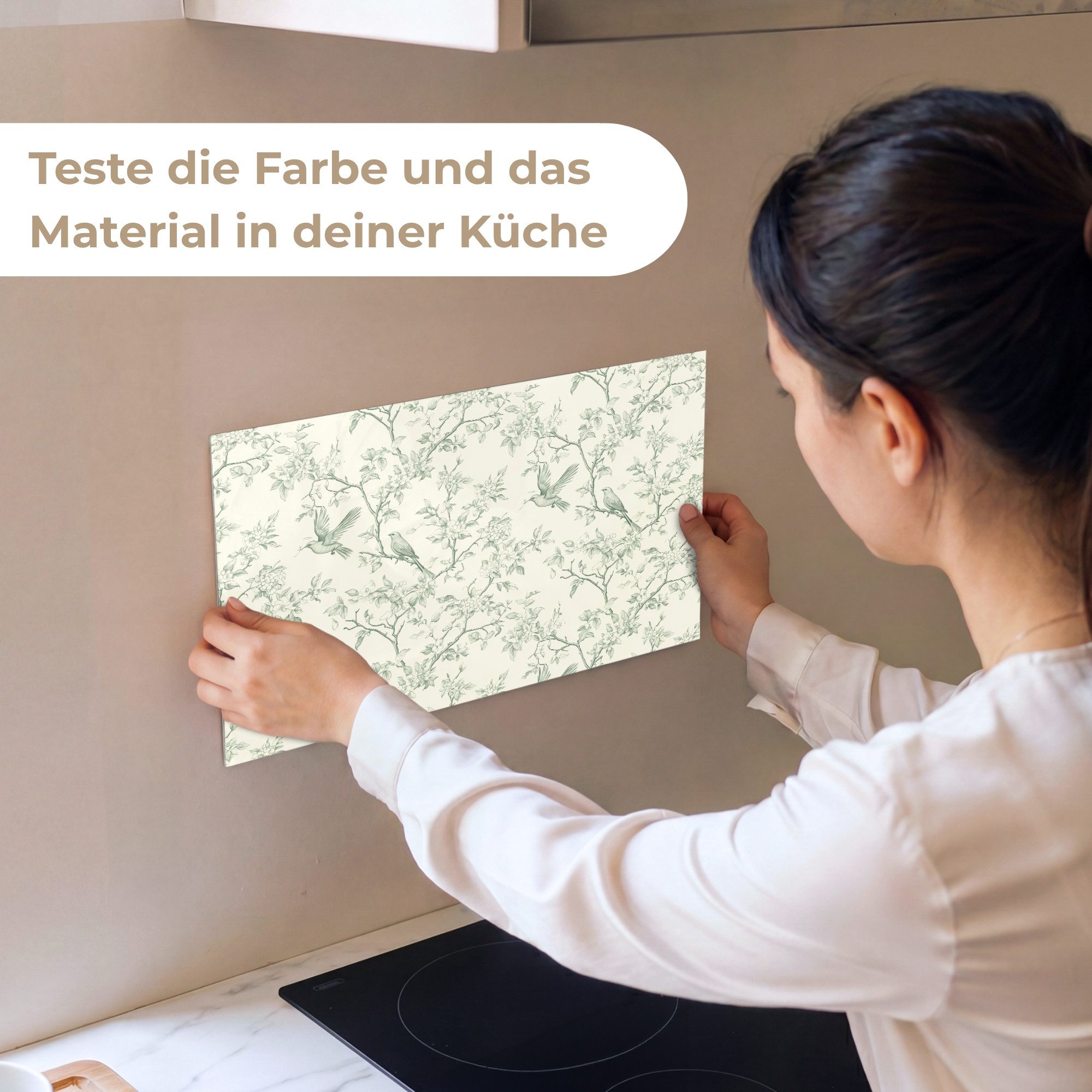 KitchenYeah Küchenrückwand Muster selbstklebend (keine Folie) Klassisch - Vögel - Grün, (1-tlg), Spritzschutz, Küche, Rückwand, Küchenwand, Küchenfront, 30x20 cm