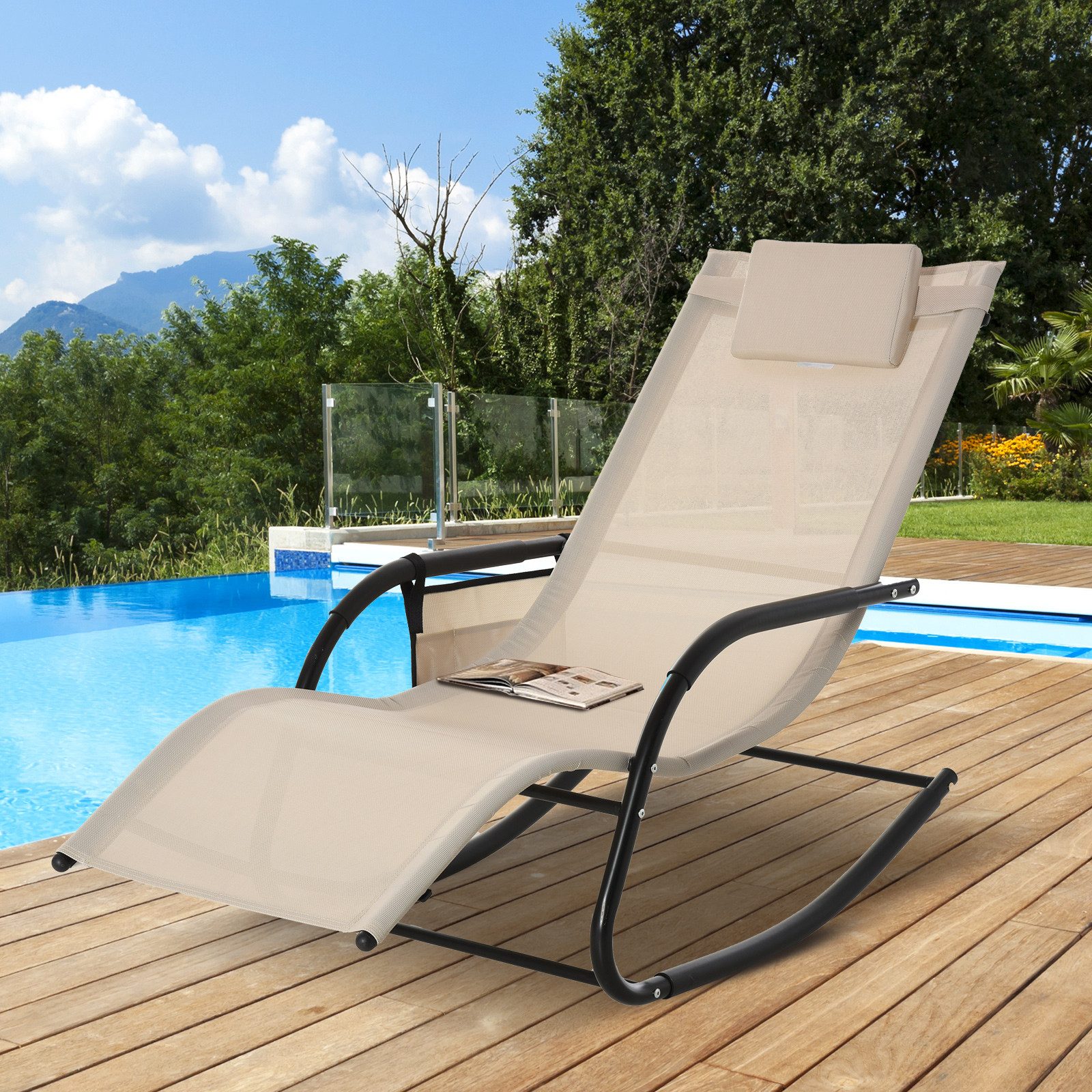 Outsunny Schaukelstuhl Schwingsessel Gartenstuh Metall Mesh beige 150 x 62 x 88 cm (Relaxsessel, 1 St), für Garten, Beige