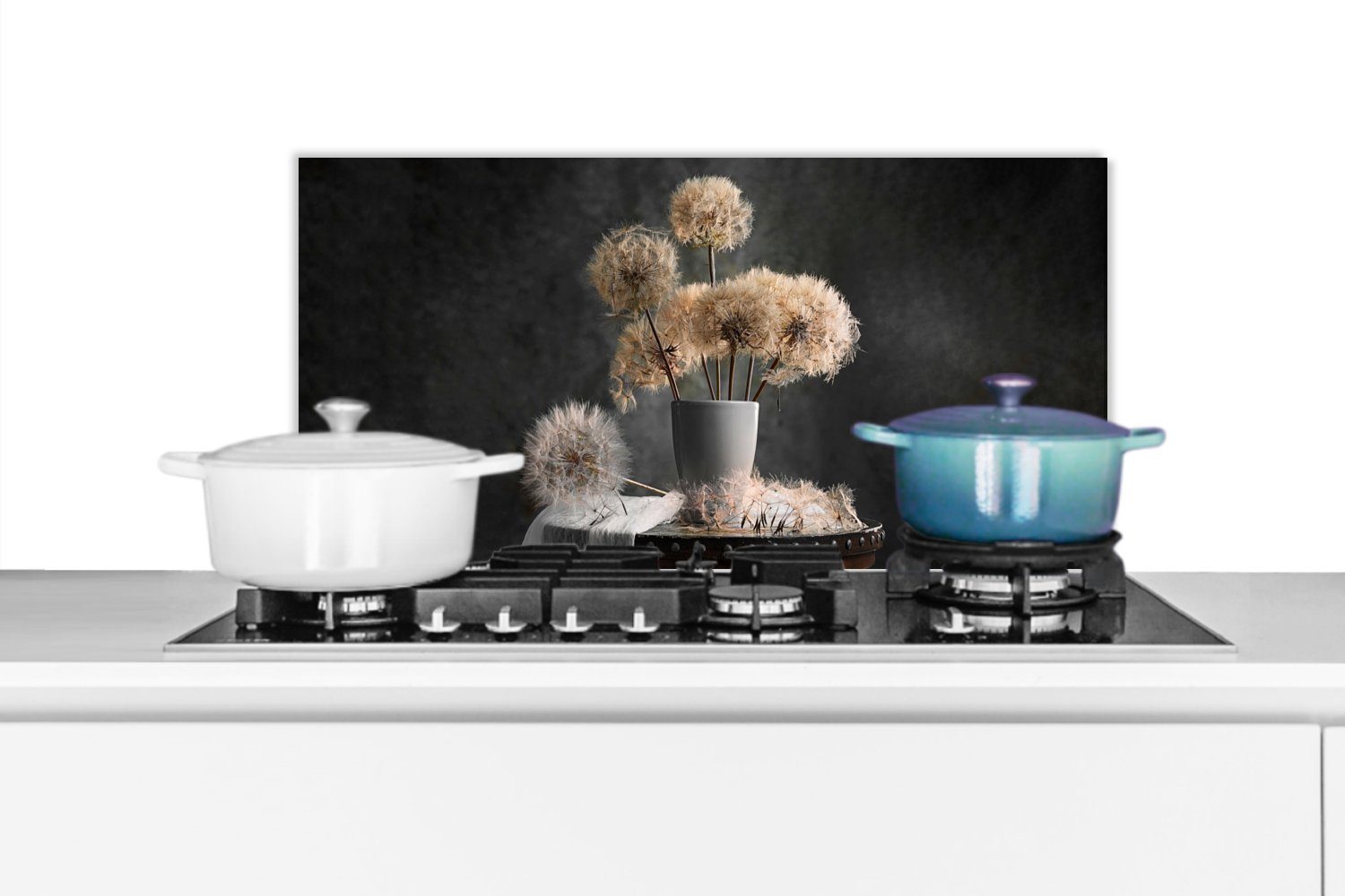 MuchoWow Küchenrückwand Blumensamen - Löwenzahn - Vase - Stilleben - Blumenstrauß, (1-tlg), 60x30 cm, Wandschutz, gegen Fett und Schmutzflecken für Küchen