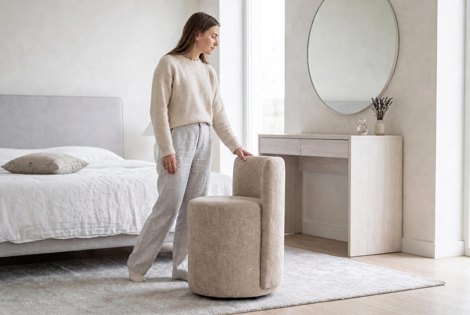 Xlmoebel Hocker Eleganter Beiger Pouf Hocker aus Boucle für modernes Schlafzimmer (Pouf, Pouf), Made in Europa
