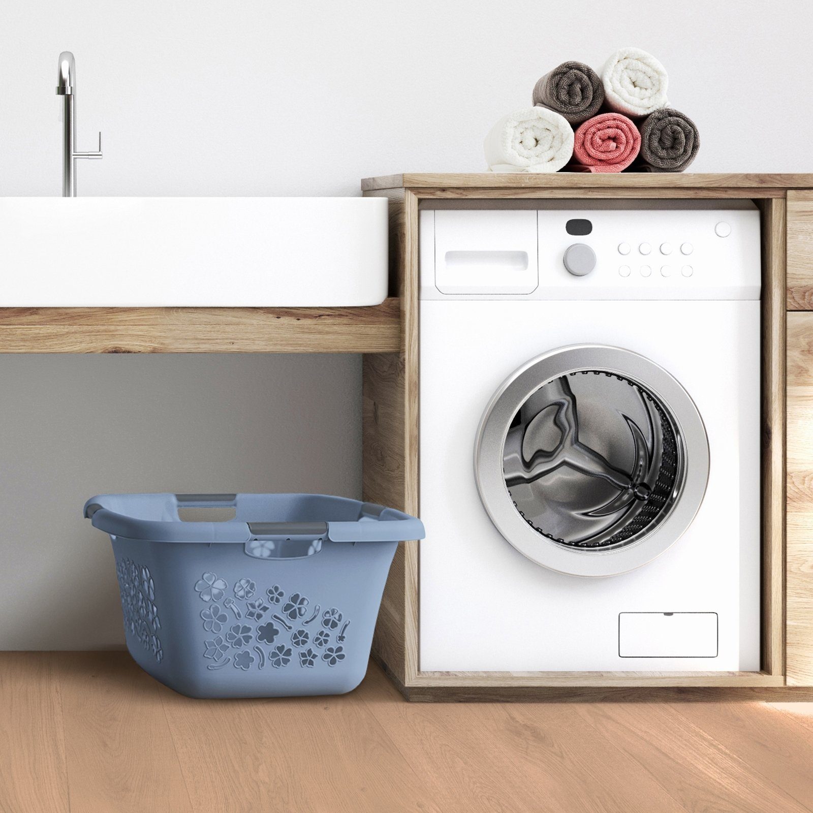 ROTHO Wäschekorb Flowers 3er-Set Wäschekorb 50l, Kunststoff (PP) BPA-frei (Wäschekorbset, 3er-Set), belastbare Tragegriffe – Bild 5 von 5