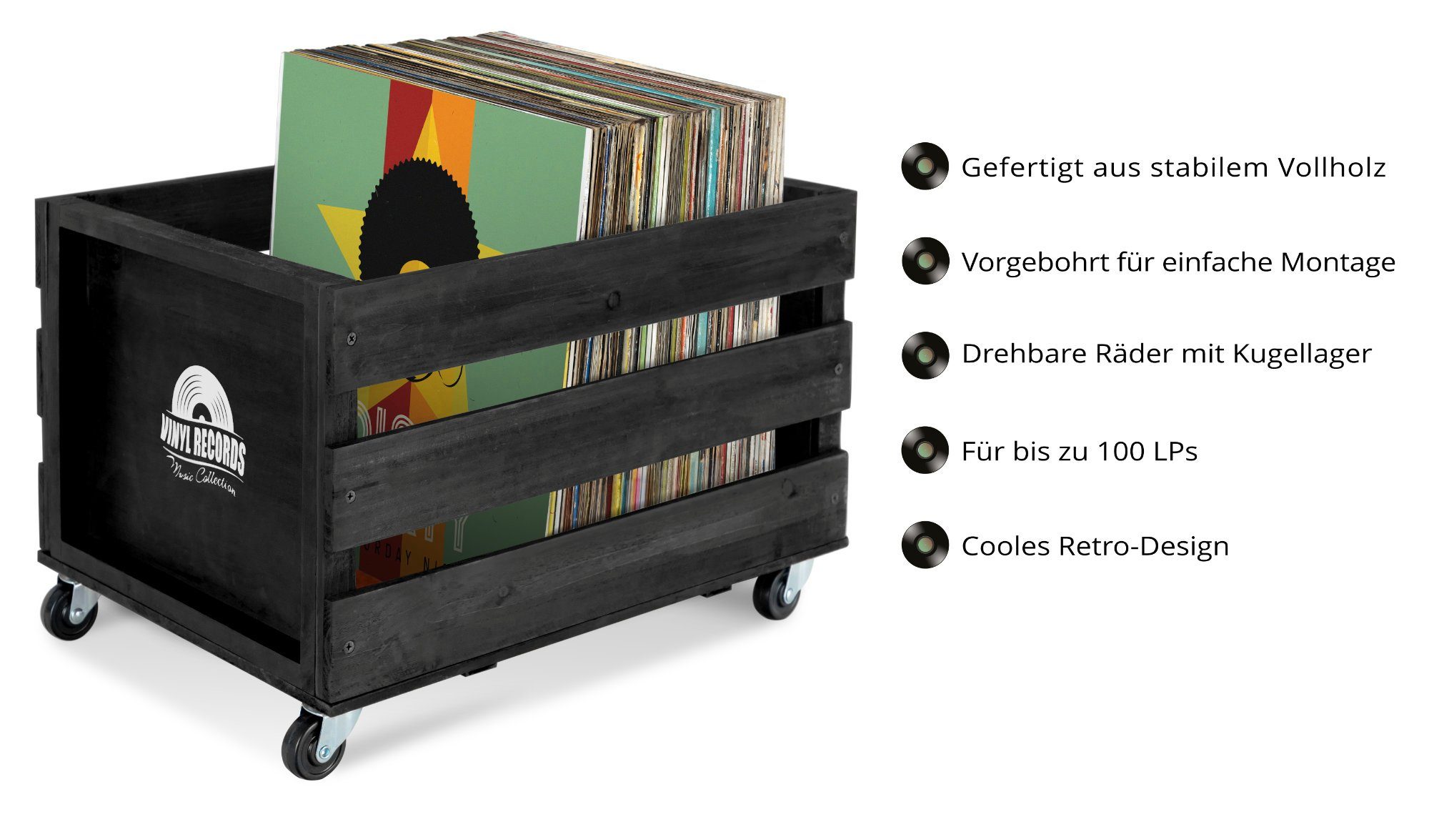 Stagecaptain Holzkiste Emil Schallplattenkiste Holz Schwarz für bis zu 100 LPs (1 St), für bis zu 100 LPs - aus Vollholz im Retro-Design