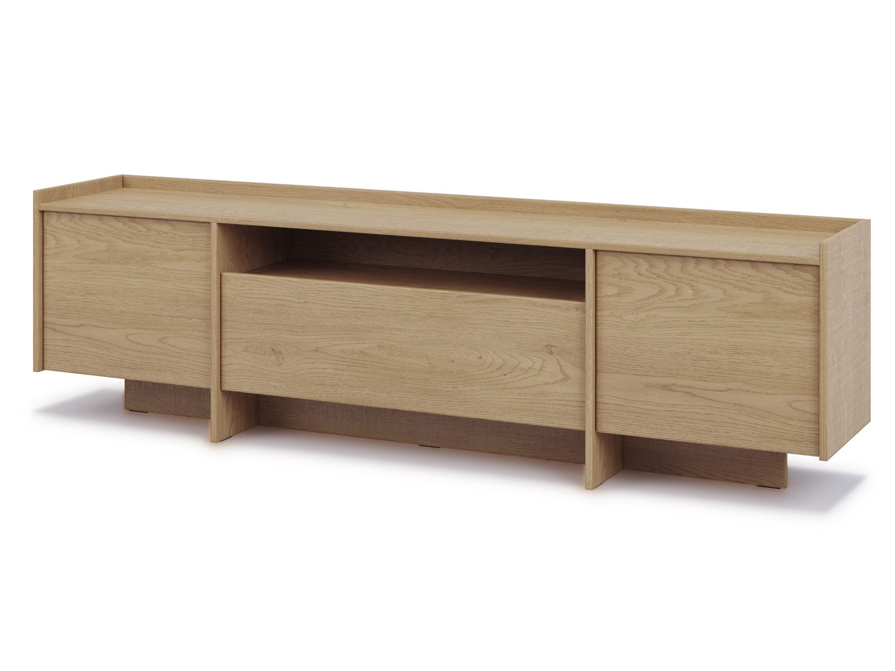 Beautysofa TV-Schrank JUNI 197 cm Japandi TV-Board mit 3 Türen (Push-to-Open, Offenes Fach, Sideboard Modern für Wohnzimmer) Eiche Cremona & Baltic Storm