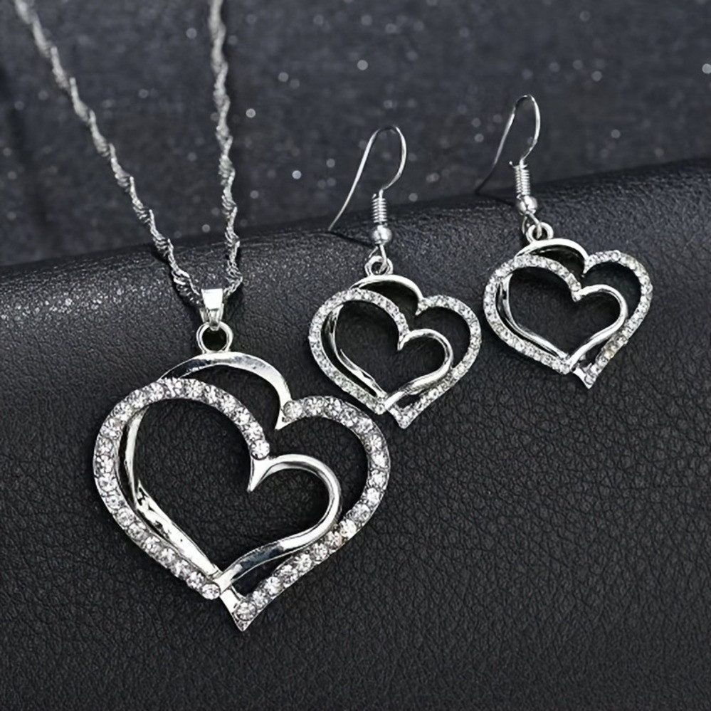 Ohrring und Ketten Set Damen Herzschmuck Set – Goldene Kette & Ohrringe mit Kristallsteinen