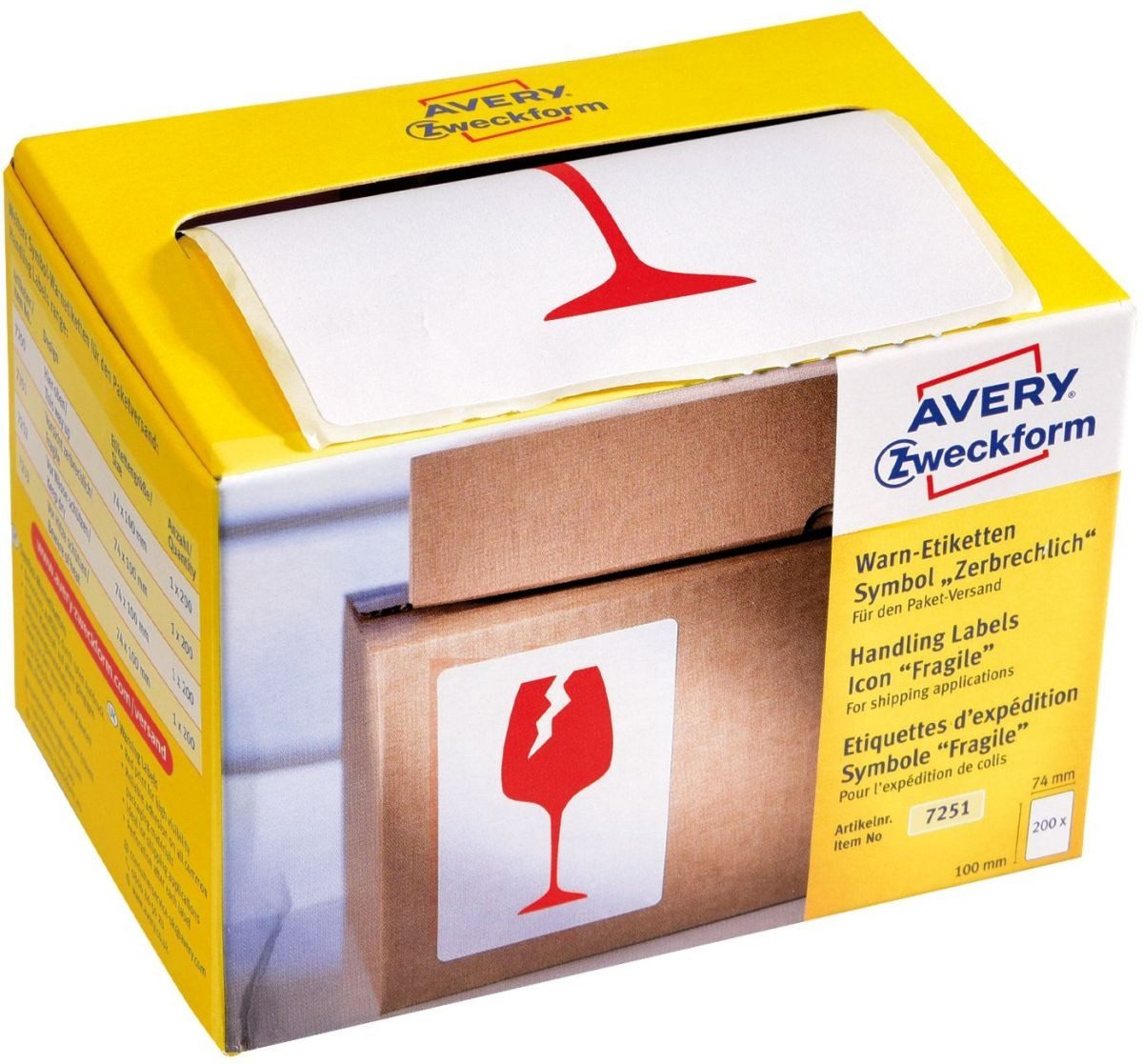 Avery Zweckform Etiketten Warnetiketten 'Vorsicht Glas' 100x74 mm weiß VE=200 Stück