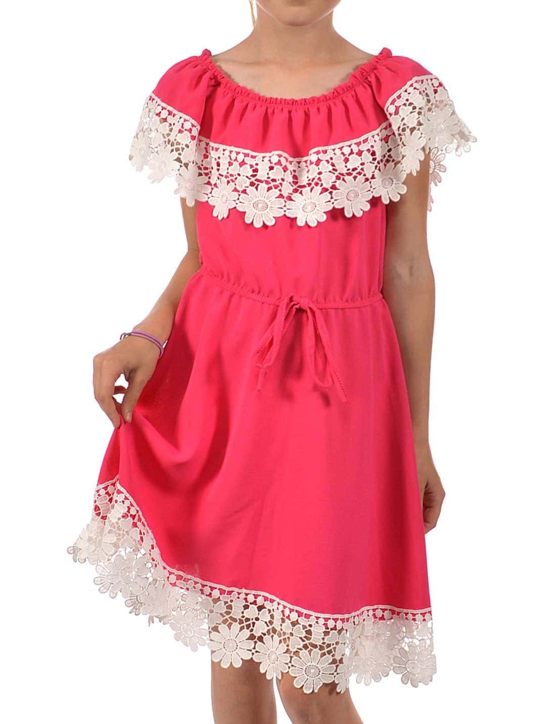 KMISSO Sommerkleid Mädchen Kleid bequem zu Schulterfrei tragen (1-tlg) Spitze mit Pink