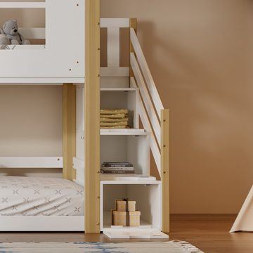 MODFU Etagenbett mit Aufbewahrungstreppe, Hausbett, Kinderbett, mit Fallschutzgitter (mit Fenster und Dach, 90x200cm), ohne Matratze