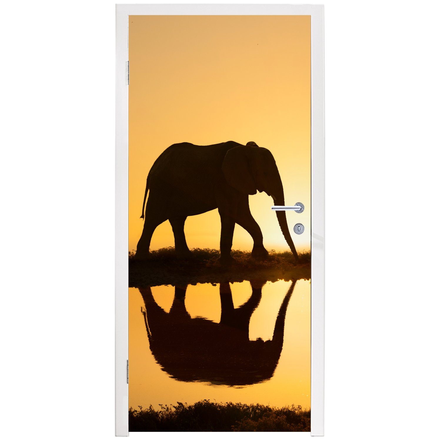 Matt, Sonnenuntergang, Elefanten Tür, bei für bedruckt, cm eines MuchoWow 75x205 (1 Türtapete Türaufkleber, Fototapete St), Silhouette