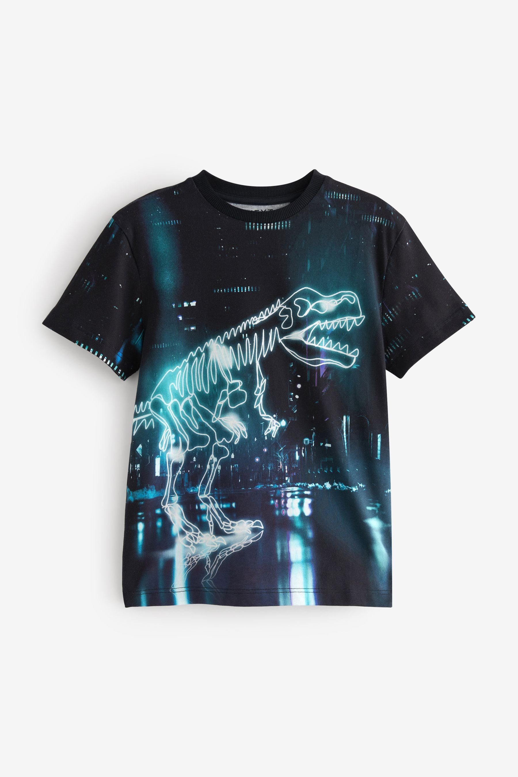 Next T-Shirt Kurzärmeliges T-Shirt mit (1-tlg) durchgehendem Dinosaur Neon Print Glowing