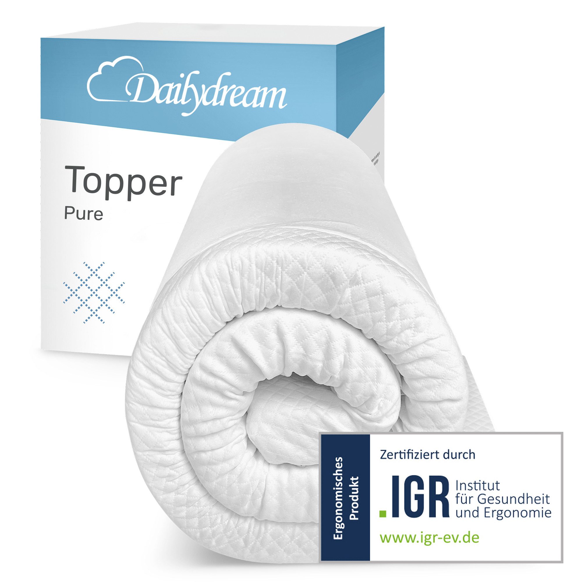 Dailydream, Topper Zertifiziert & ergonomisch, Vergleichssieger, rutschfest, H1/2, (Pure Edition), sorgt für Druckentlastung und einen erholsamen Schlaf