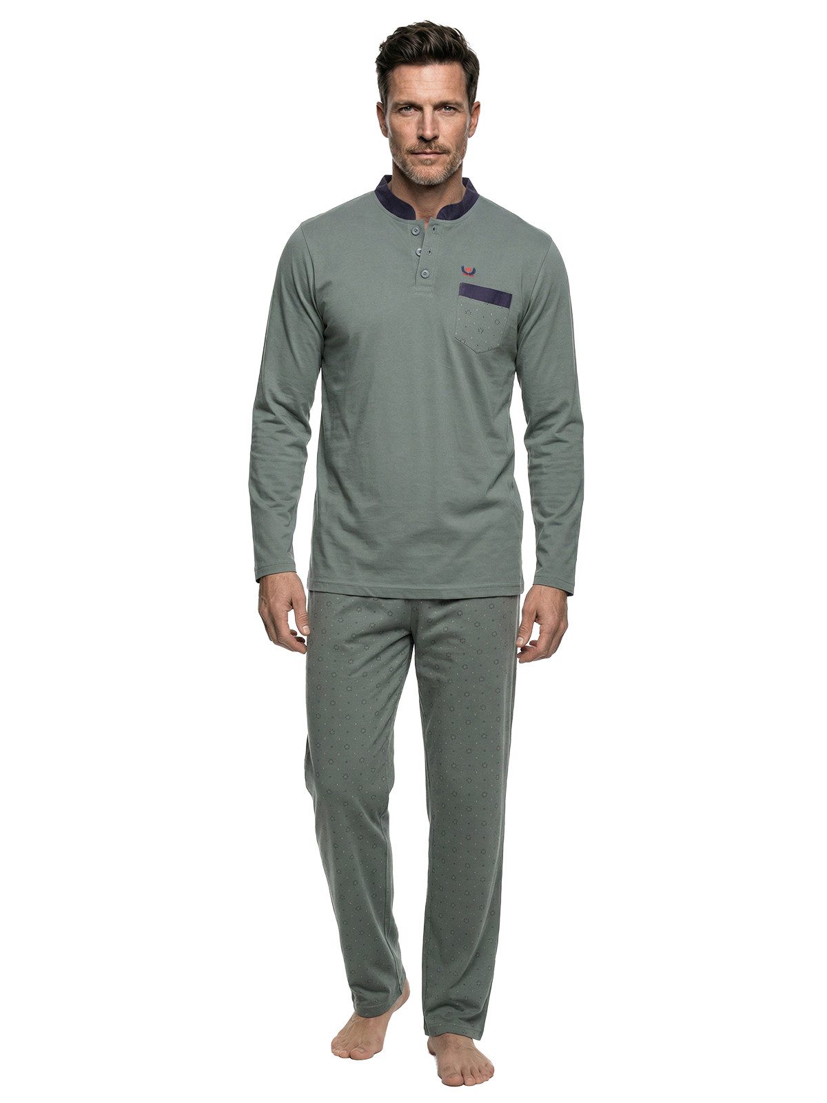Henry Terre Pyjama Bruno Langarm- Stehkragen Shirt Uni gemusterte Hose Brusttasche – Bild 2 von 5
