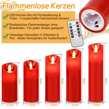 Randaco LED-Kerze 5X LED Kerzen Timer Echtwachs flackernde Flamme Fernbedienung (5-tlg., mit Fernbedienung Timer), Φ 5,3cm x H. 13 / 14 / 16 / 18 / 20 cm