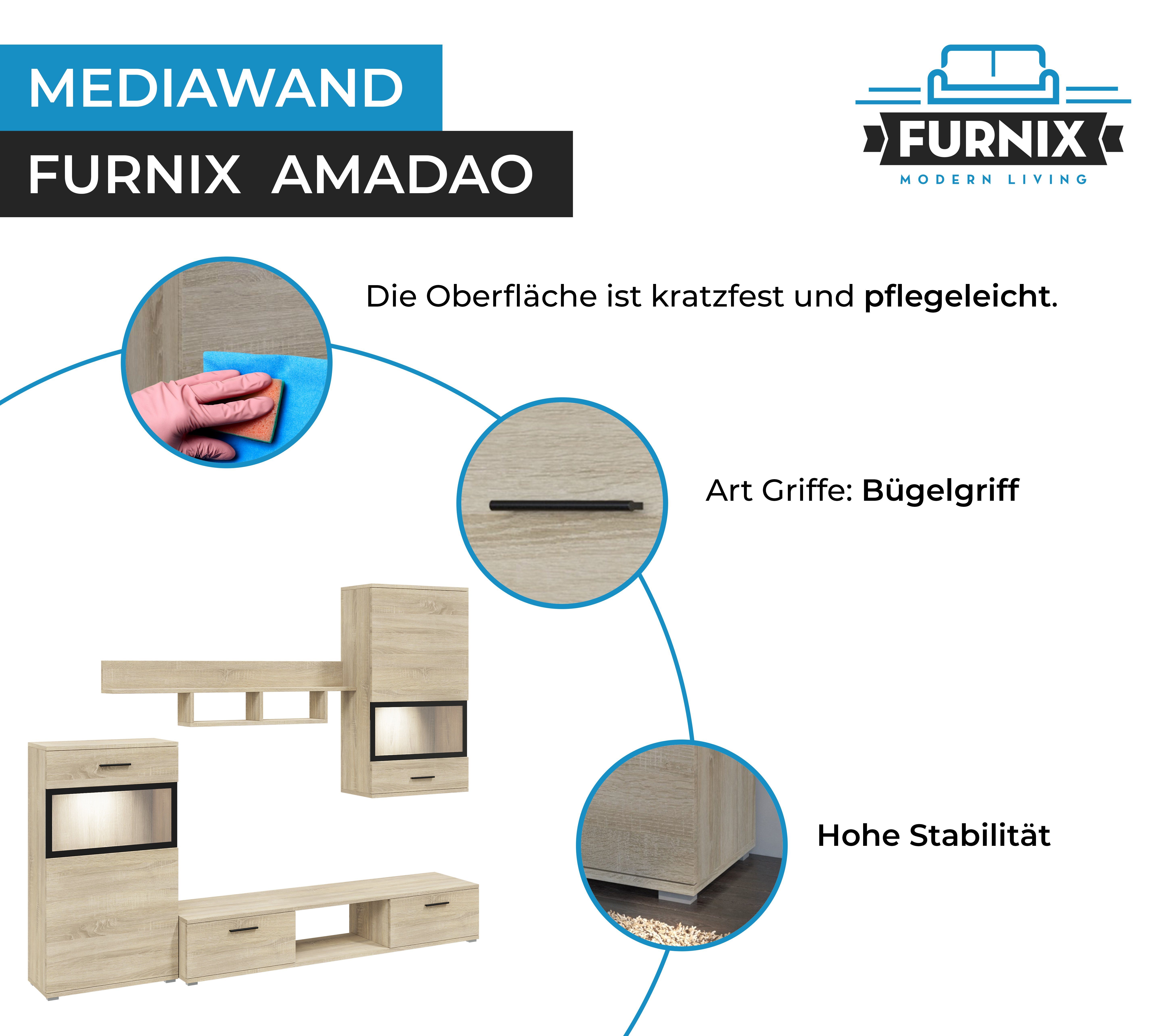 Furnix Wohnwand verglasten Türen mit 4-teilig, AMADAO Mediawand