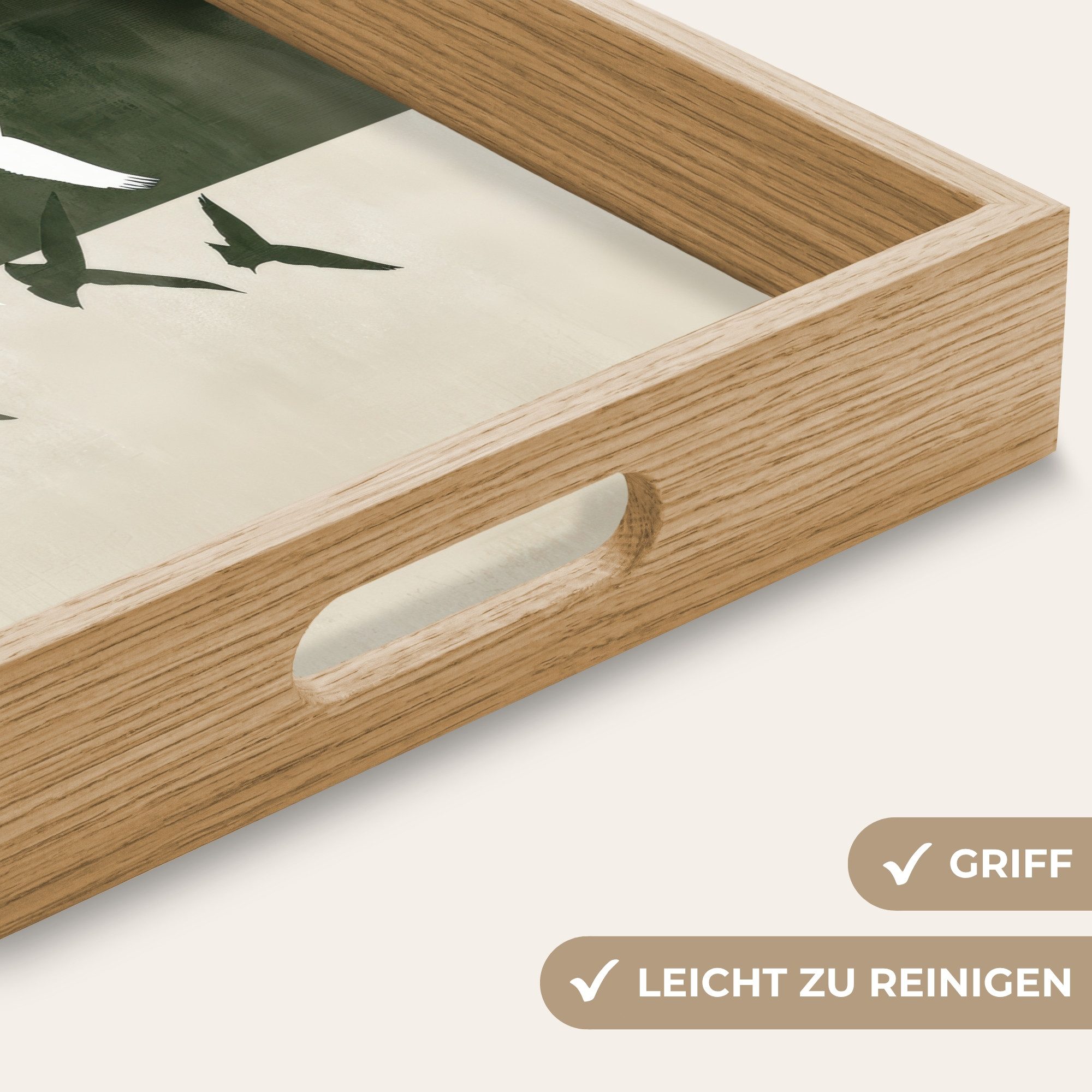 OnlyWow Tablett Rechteckig mit Henkel Japandi - Vogel - Grün, Eichenholz, (1-tlg), Siervierplatte, Tray, Frühstücksbrett