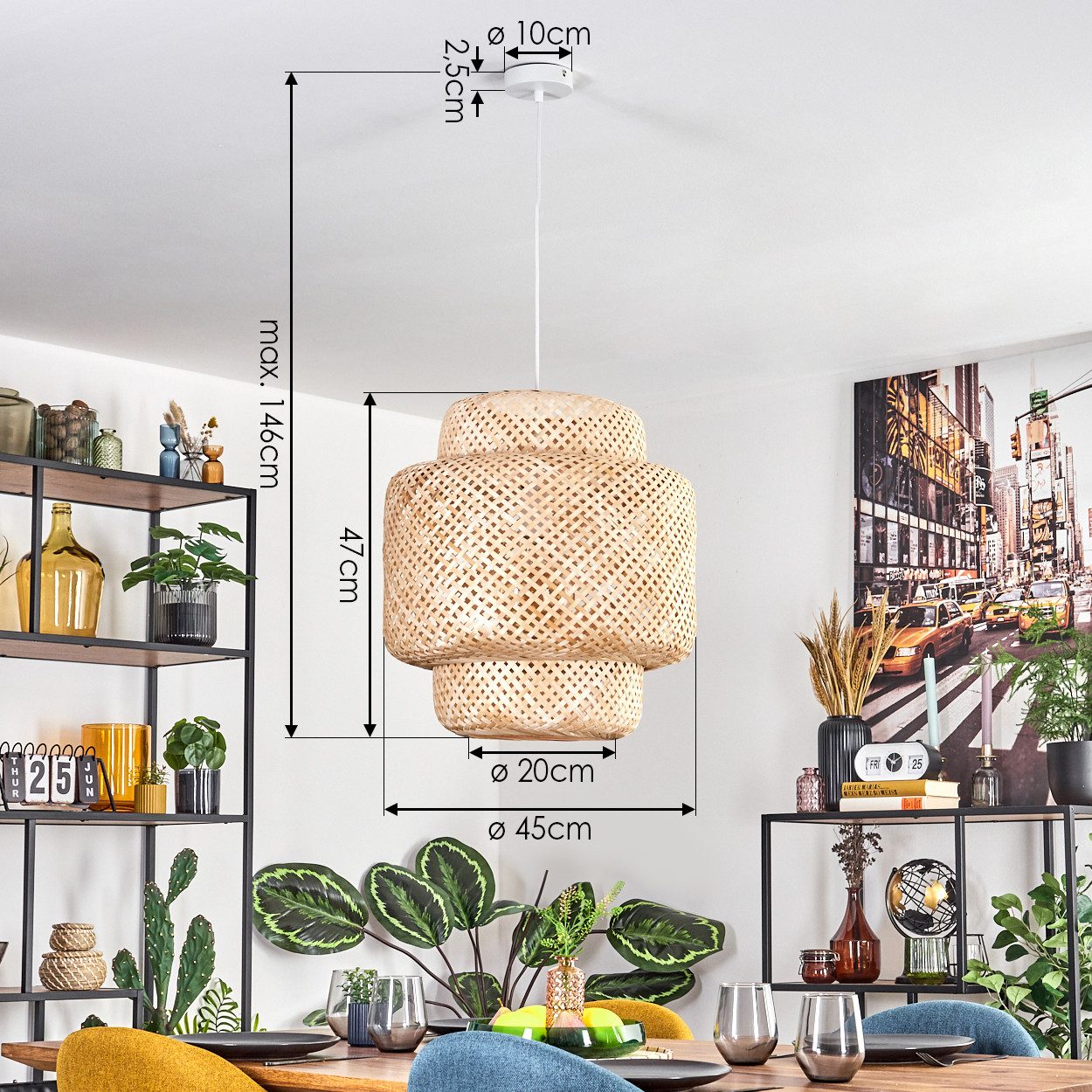 hofstein Hängeleuchte Hängelampe aus Metall/Bambus in Weiß/Natur im Boho-Design, ohne Leuchtmittel, Hängeleuchte mit Schirm in Gitter-Optik (45cm), Höhe max. 146cm, E27