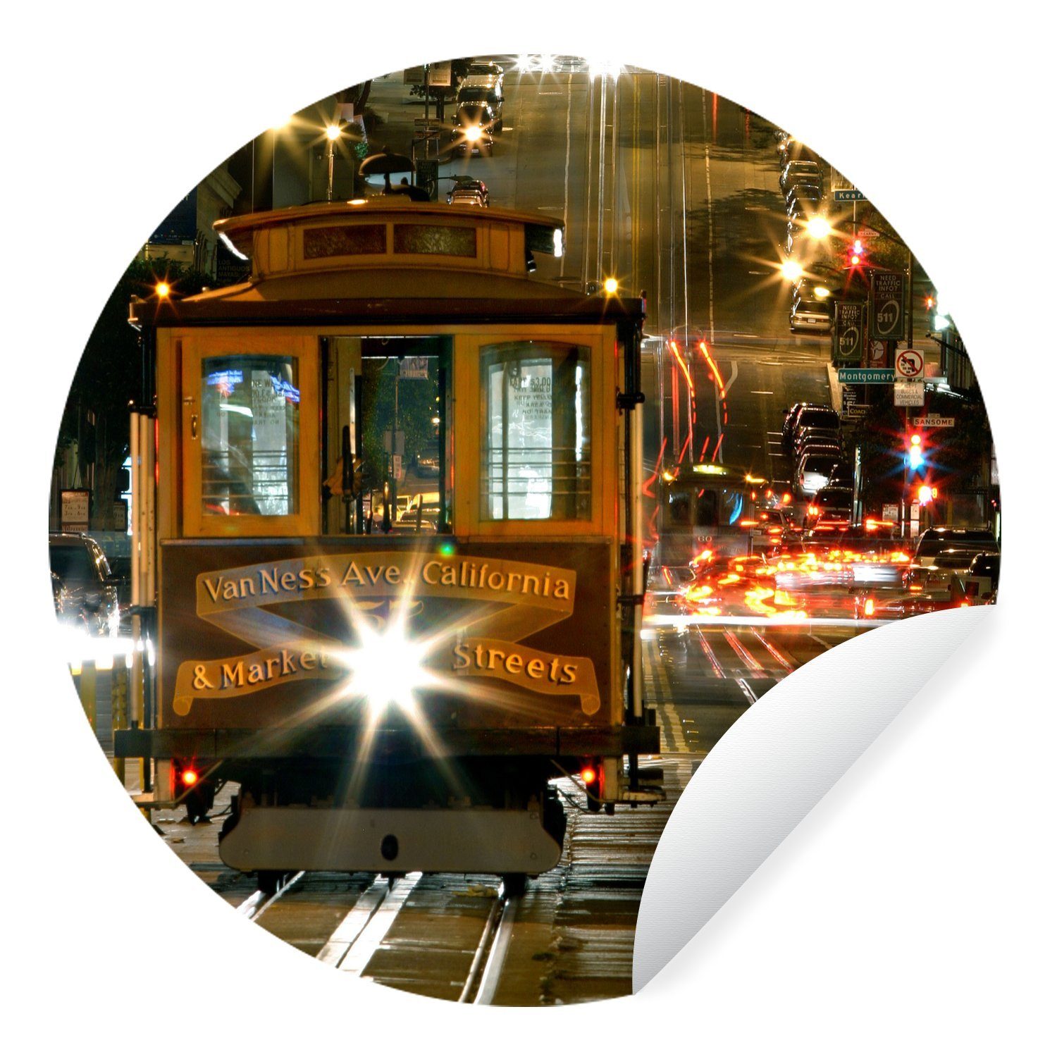 MuchoWow Wandsticker Straßenbahn in San Francisco bei Nacht (1 St), Tapetenkreis für Kinderzimmer, Tapetenaufkleber, Rund, Wohnzimmer