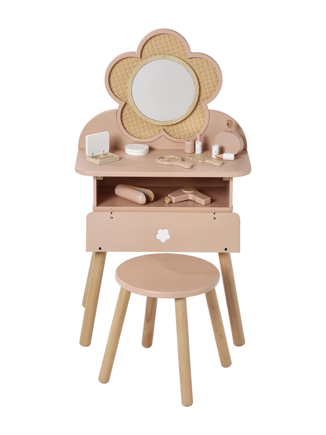 vertbaudet Spielwerkbank Kinder Schminktisch mit Zubehoer, Holz FSC® und Rattangeflecht