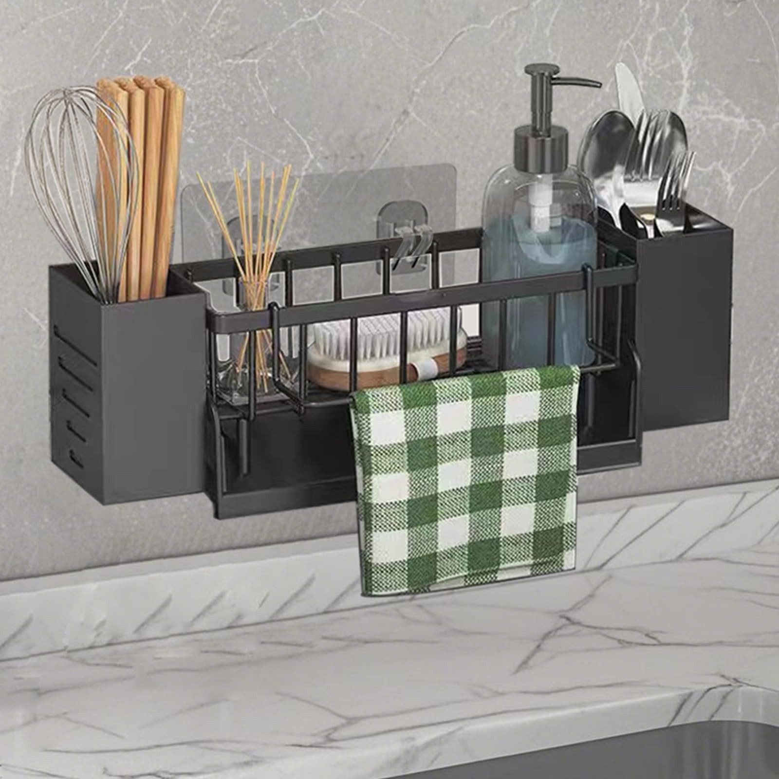 Zyronn Küchenorganizer-Set Spülbecken Organizer Hängend,Kein Bohren Spüle Organizer Schwammhalter, Küchenutensilienhalter mit 2 Stäbchenhalter – Bild 2 von 5