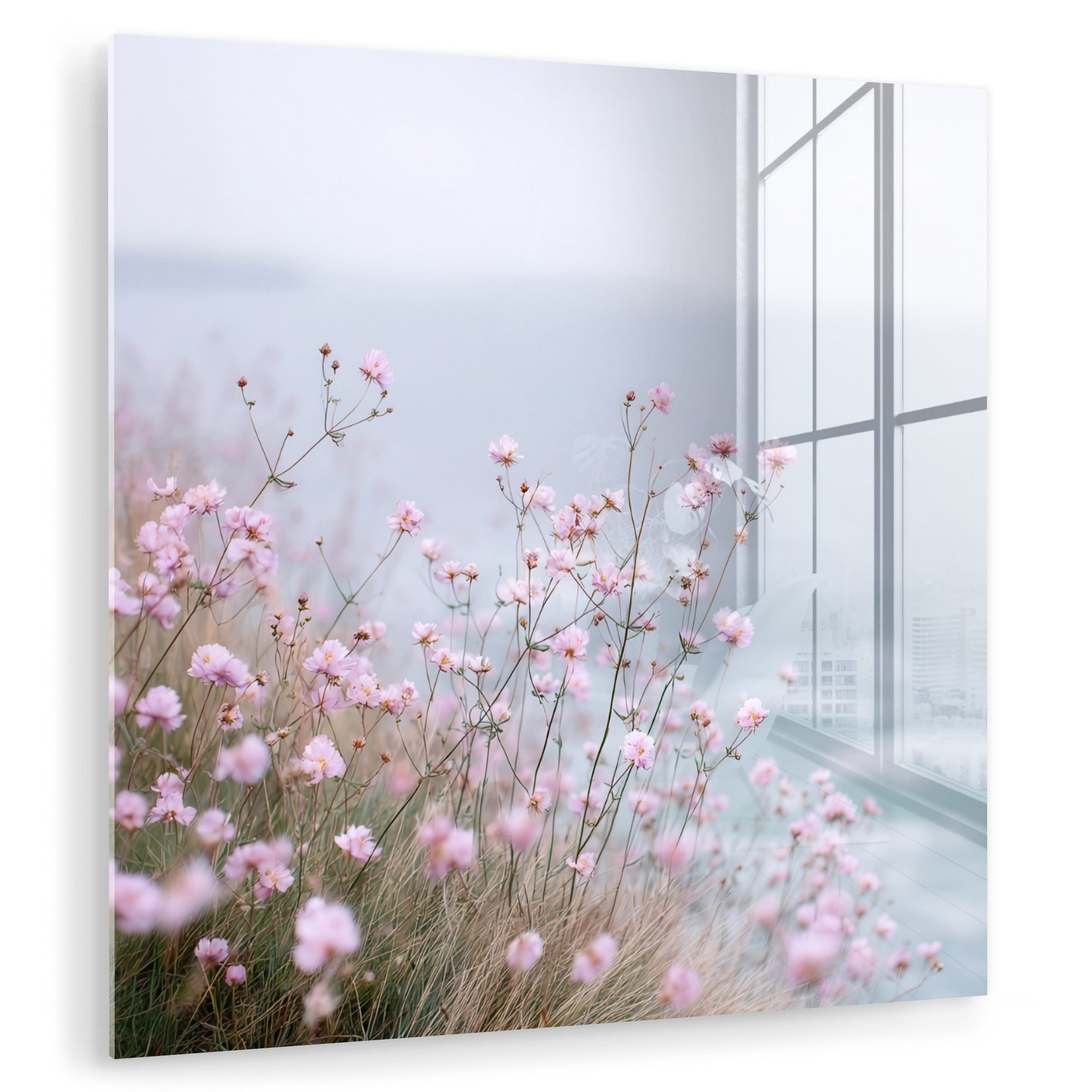 MuchoWow Acrylglasbild Klippe - Blumen - Meer - Rosa, Inkl. Aufhängung, Bild auf glas Wohnzimmer Schlafzimmer Badezimmer, 50x50 cm