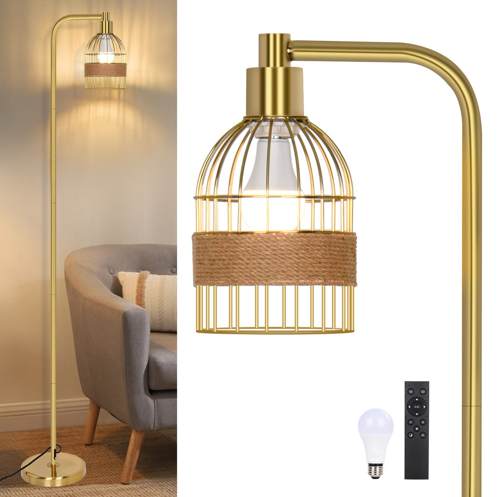 Stehlampe Gold Stehlampe Wohnzimmer Dimmbar,mit Glühbirne & Fernbedienung