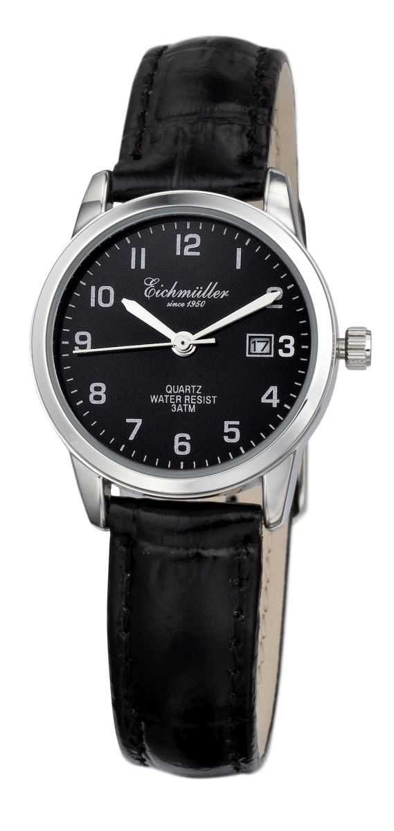 Quarzuhr Damenuhr schwarzes Zifferblatt, Lederarmband, 28 mm, elegant 7031-04