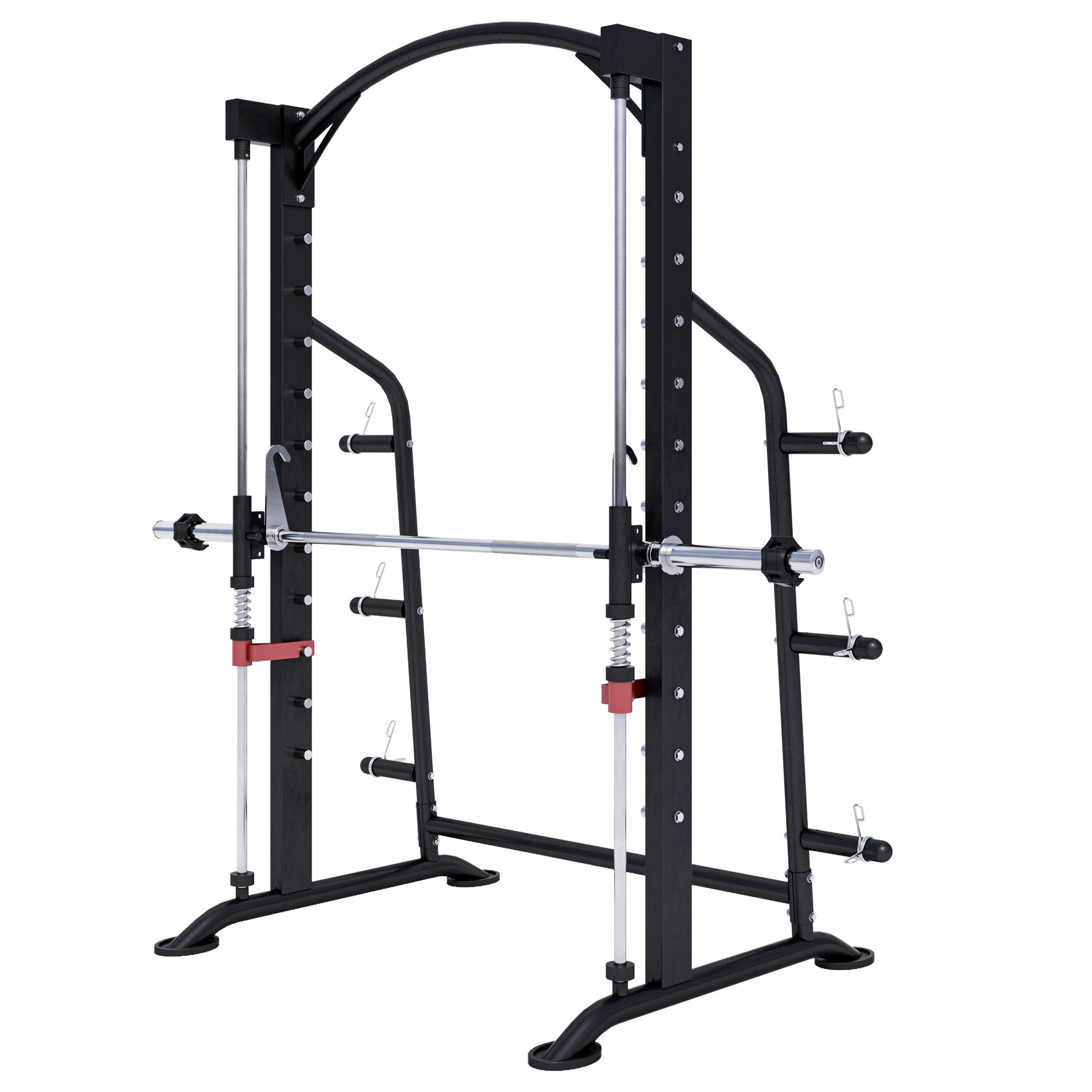 GORILLA SPORTS Power Rack inkl. Langhantelstange, 30mm / 50mm, 300 kg Belastbar, aus Stahl, (1-tlg), 6 Scheibenablage, Multipresse, Kraftstation, Smith Machine, Cage Squat