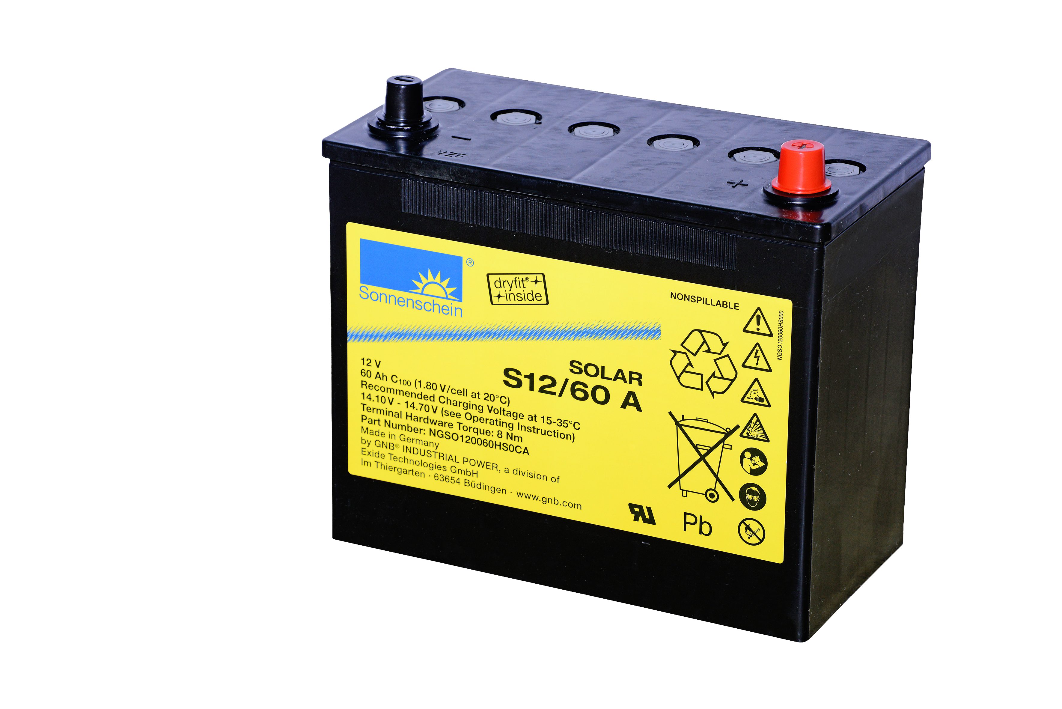 Sonnenschein Solaranlage Solar-Gel-Batterie 60 Ah, Speicher für solare Inselanlagen, zyklenfest, wartungsfrei, 12 V, geeignet im Gartenhaus, Fahrzeug, Wohnmobil, Boot