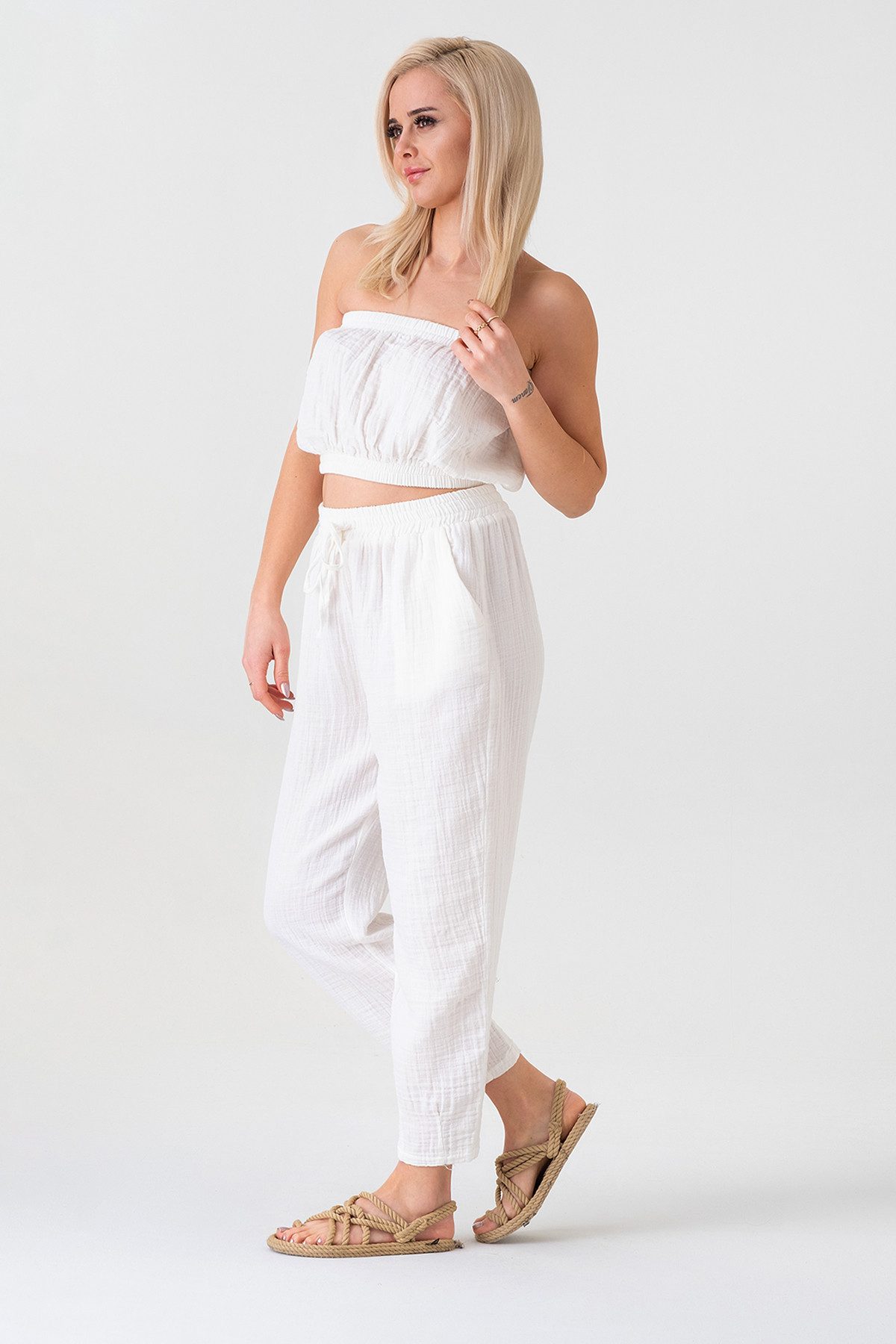 WENOR Crop-Top Trägerloses Musselin-Oberteil mit Gummizug aus 100 % Baumwolle elastische Bündchen oben und unten, minimalistisches Design